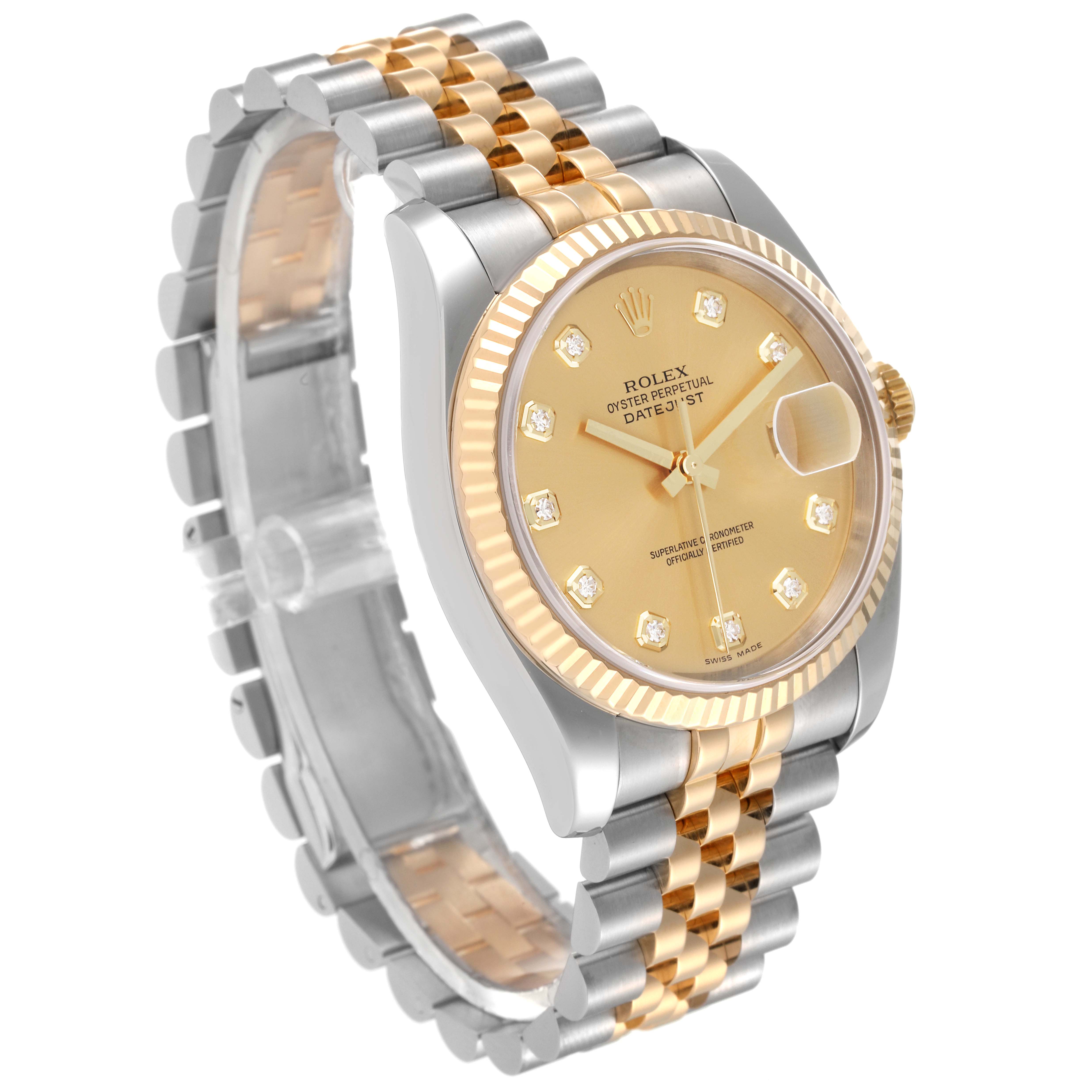 This Rolex Datejust 116233 Men's Steel and Gold (two tone) Champagne Dial 116233 Men's Steel and Gold (two tone) Champagne Dial watch is shown from a front angle, highlighting its gold dial, fluted bezel, and two-tone Jubilee bracelet.