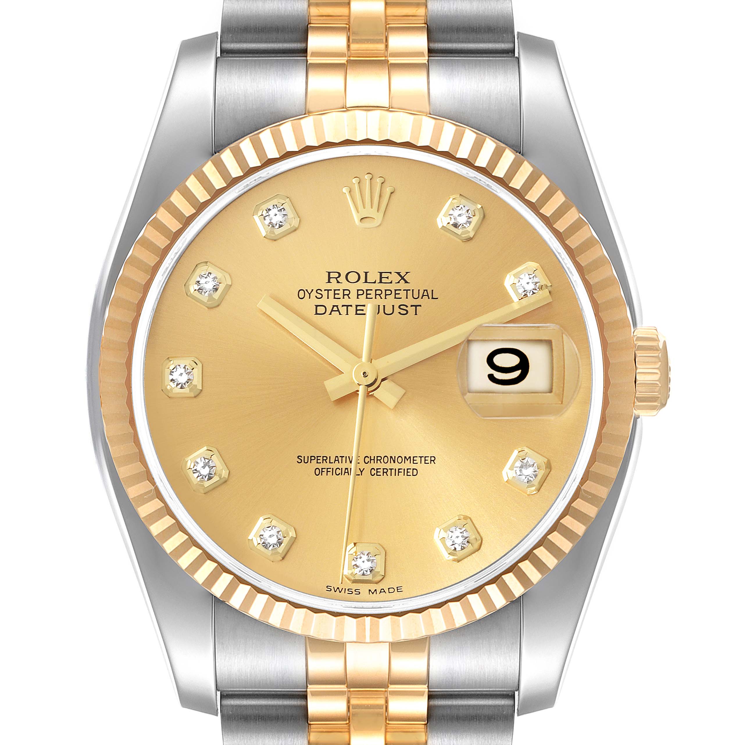 This image shows a frontal view of a Rolex Datejust 116233 Men's Steel and Gold (two tone) Champagne Dial 116233 Men's Steel and Gold (two tone) Champagne Dial watch, highlighting its gold dial, fluted bezel, and two-tone bracelet.