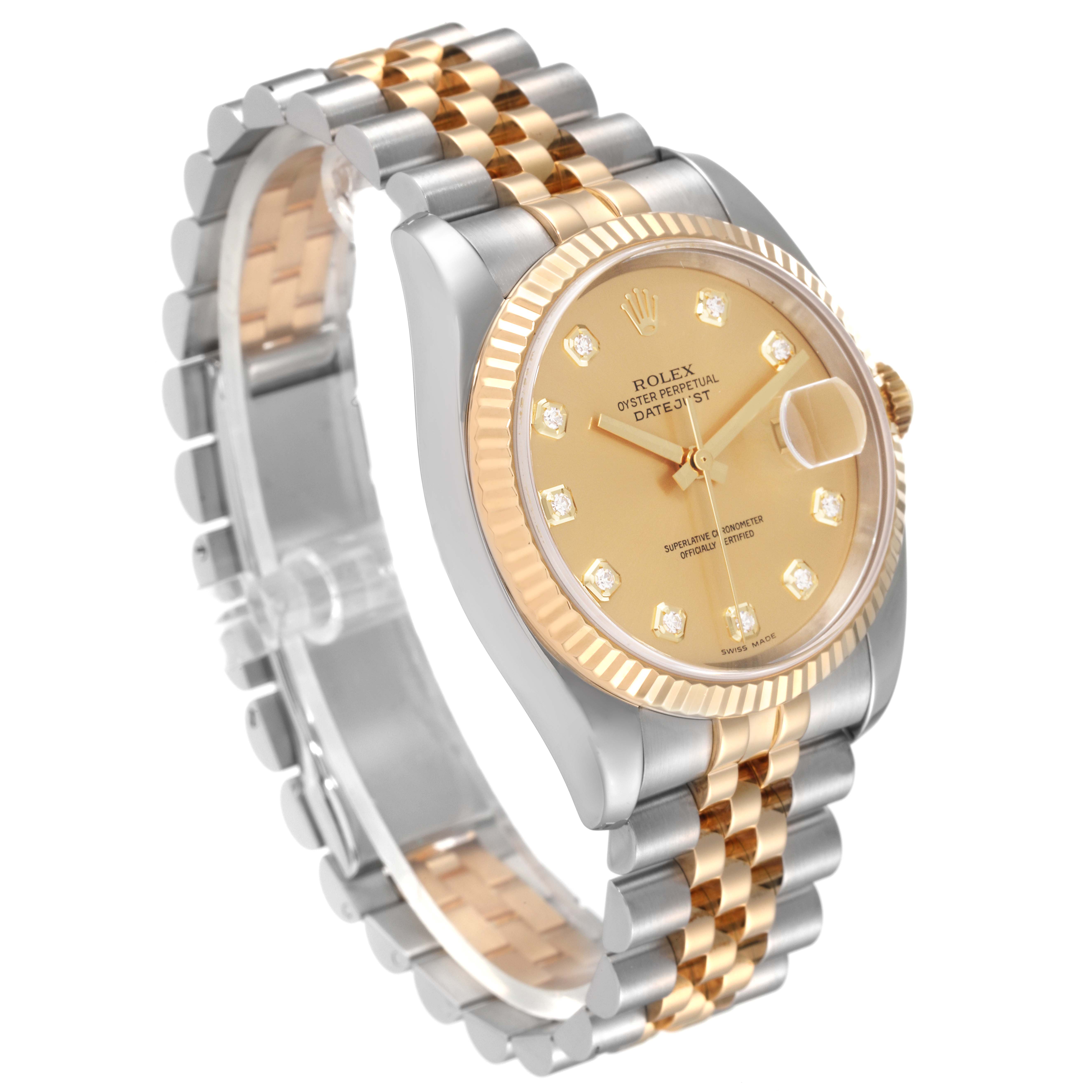 The Rolex Datejust 116233 Men's Steel and Gold (two tone) Champagne Dial 116233 Men's Steel and Gold (two tone) Champagne Dial is shown at a three-quarter angle, displaying its bracelet, crown, dial, and fluted bezel.