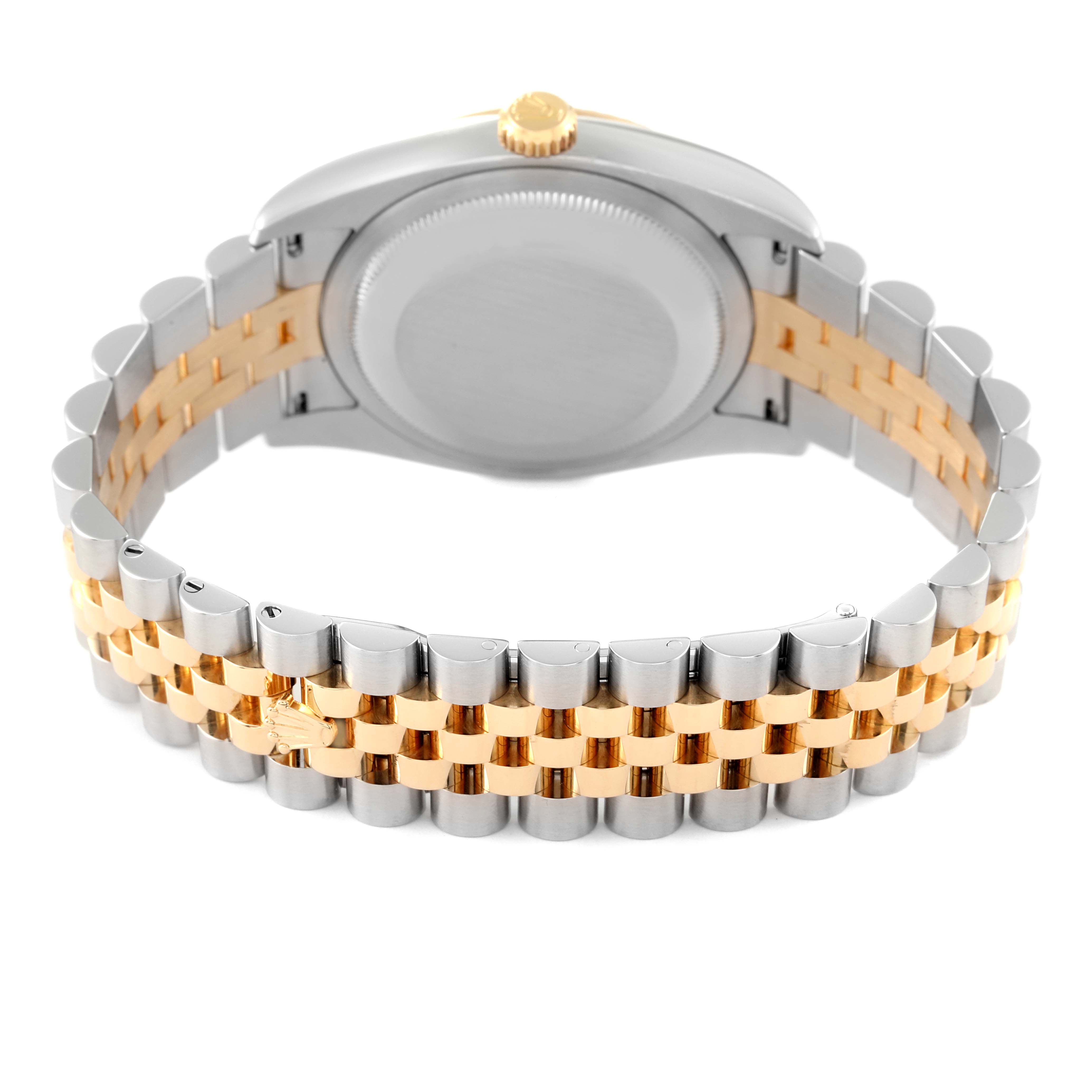 The image shows the back view of a Rolex Datejust 116233 Men's Steel and Gold (two tone) Champagne Dial 116233 Men's Steel and Gold (two tone) Champagne Dial watch, highlighting its two-tone bracelet and case back.