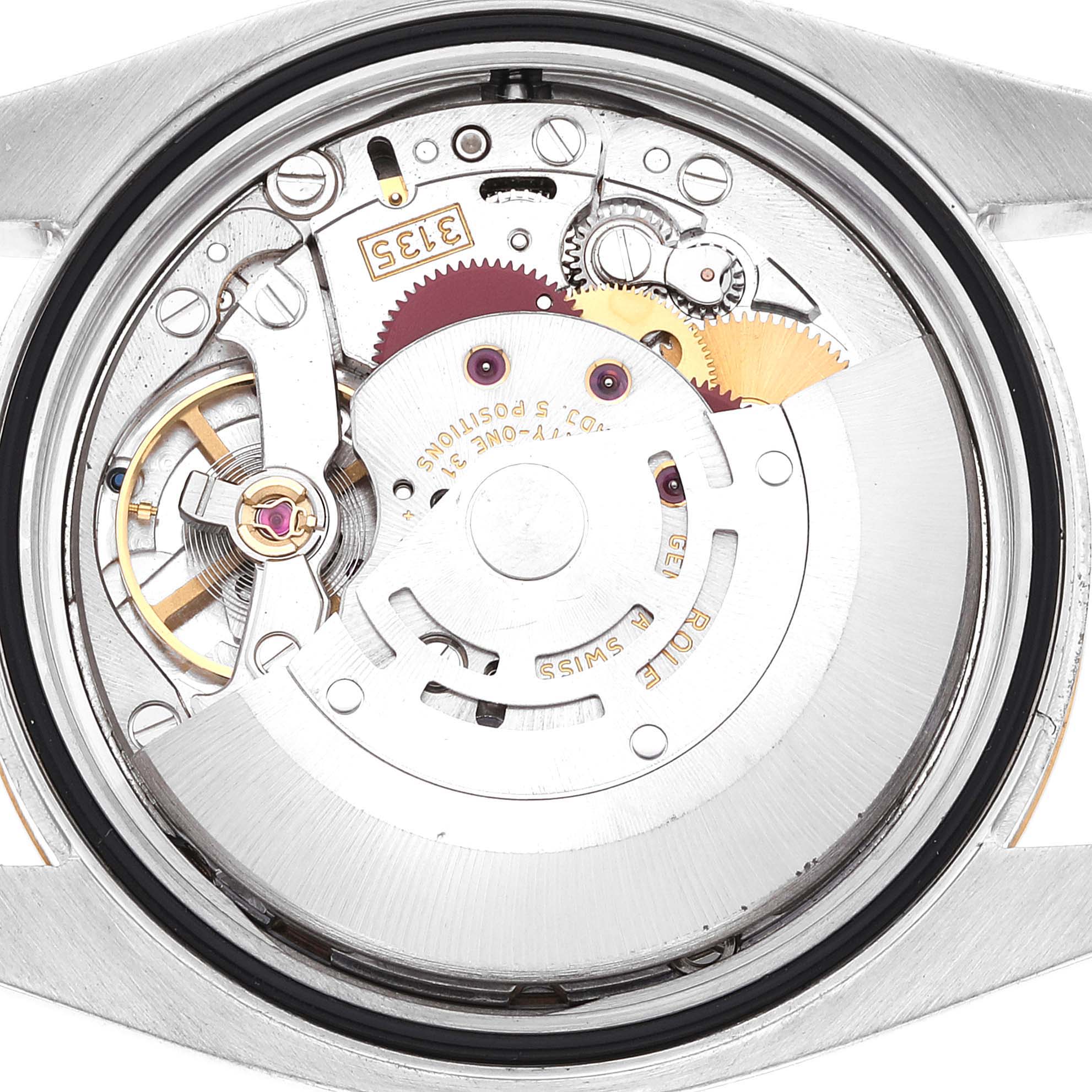 This image shows a close-up view of the internal mechanism of a Rolex Datejust 116233 Men's Steel and Gold (two tone) Champagne Dial 116233 Men's Steel and Gold (two tone) Champagne Dial watch.