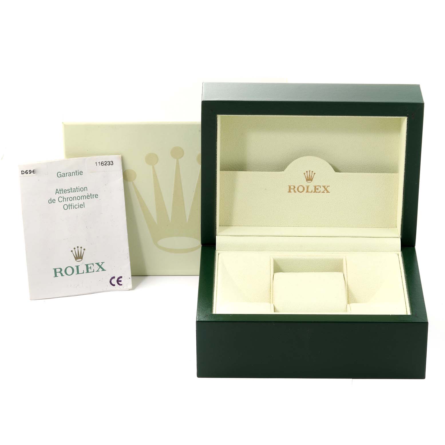 The image shows an open Rolex Datejust 116233 Men's Steel and Gold (two tone) Champagne Dial 116233 Men's Steel and Gold (two tone) Champagne Dial watch box with its certificate of authenticity displayed beside it.