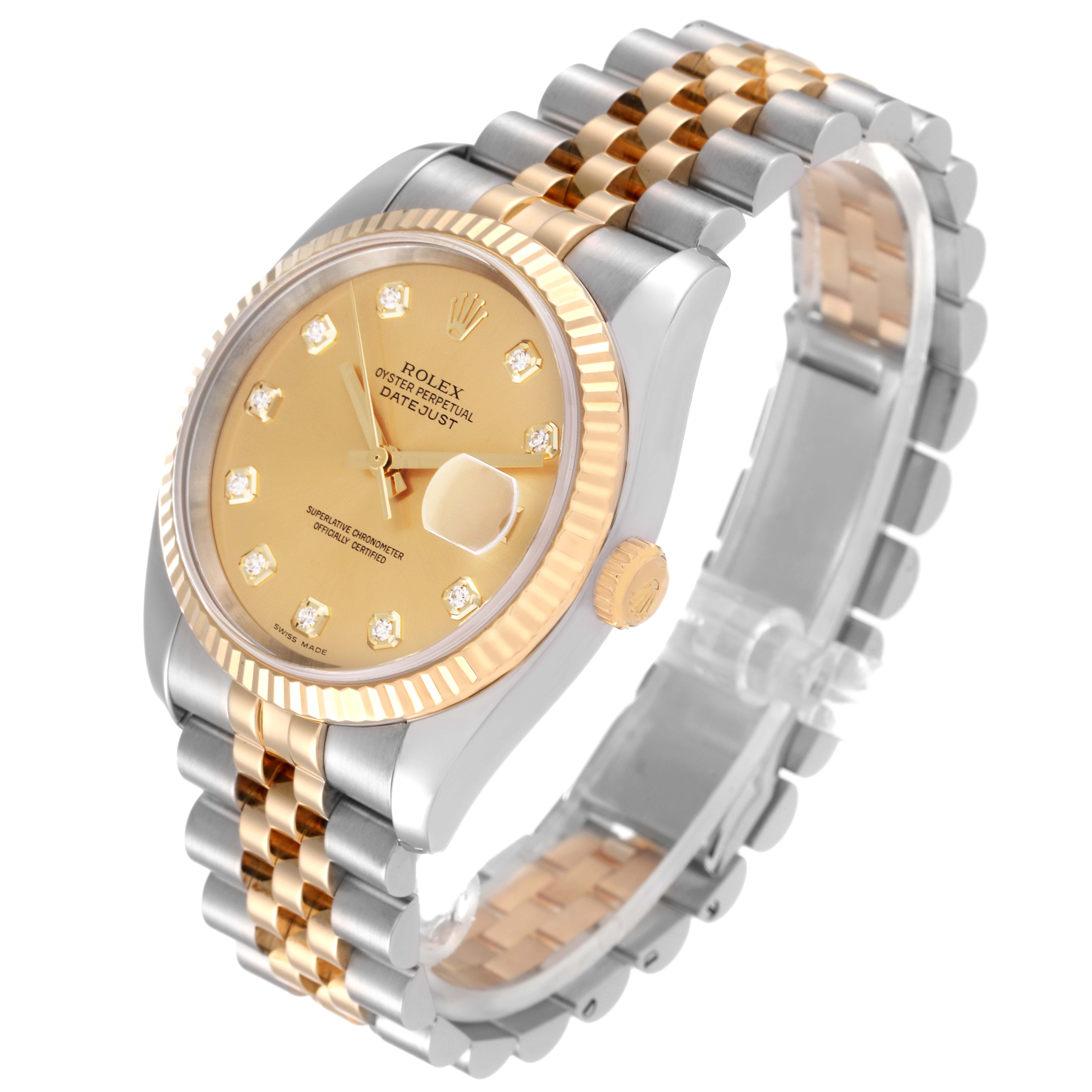 The image shows a Rolex Datejust 116233 Men's Steel and Gold (two tone) Champagne Dial 116233 Men's Steel and Gold (two tone) Champagne Dial watch at an angled view, highlighting the gold face, fluted bezel, crown, and two-tone bracelet.