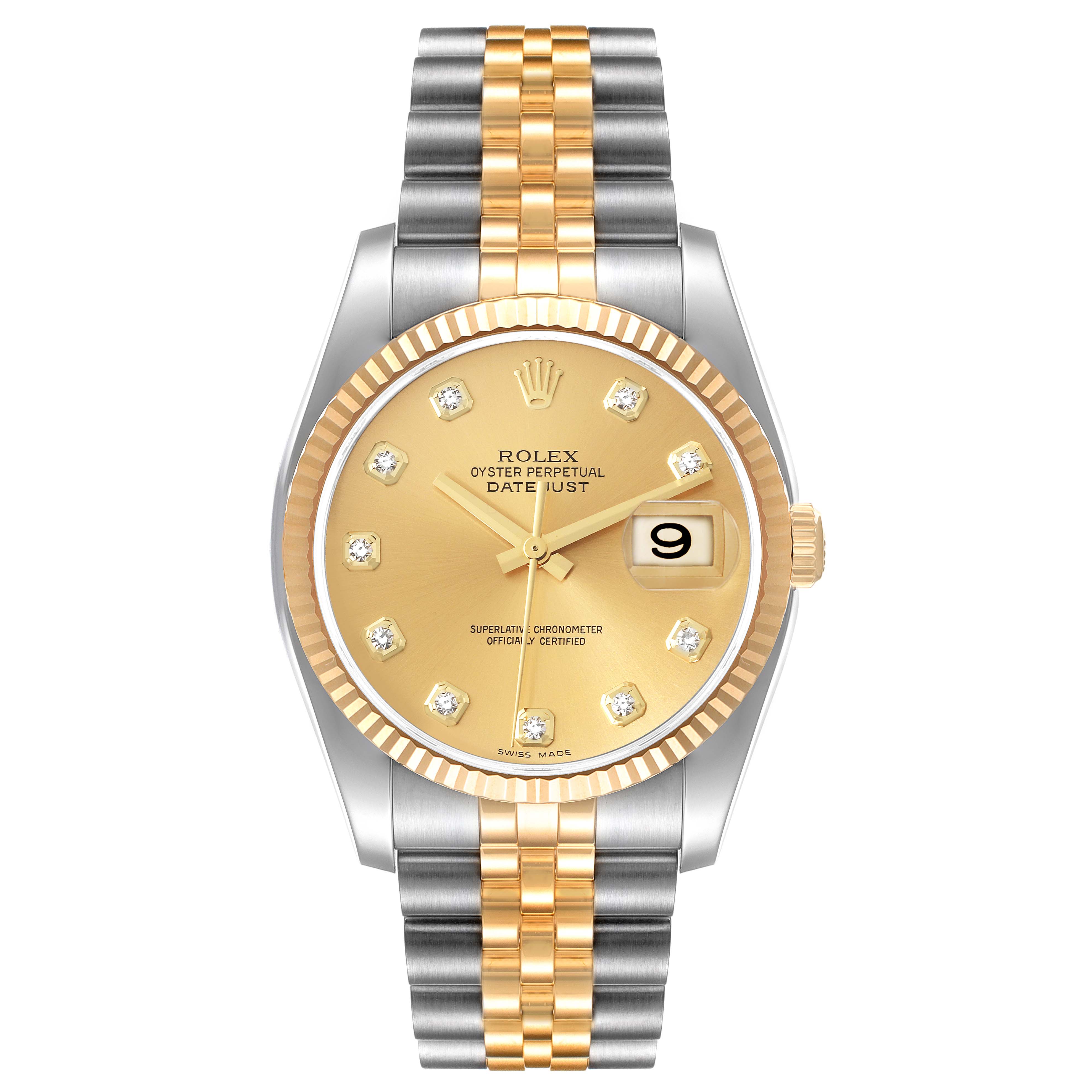 The Rolex Datejust 116233 Men's Steel and Gold (two tone) Champagne Dial 116233 Men's Steel and Gold (two tone) Champagne Dial model watch is shown from the front, highlighting the gold and silver bracelet, gold dial, and date window.