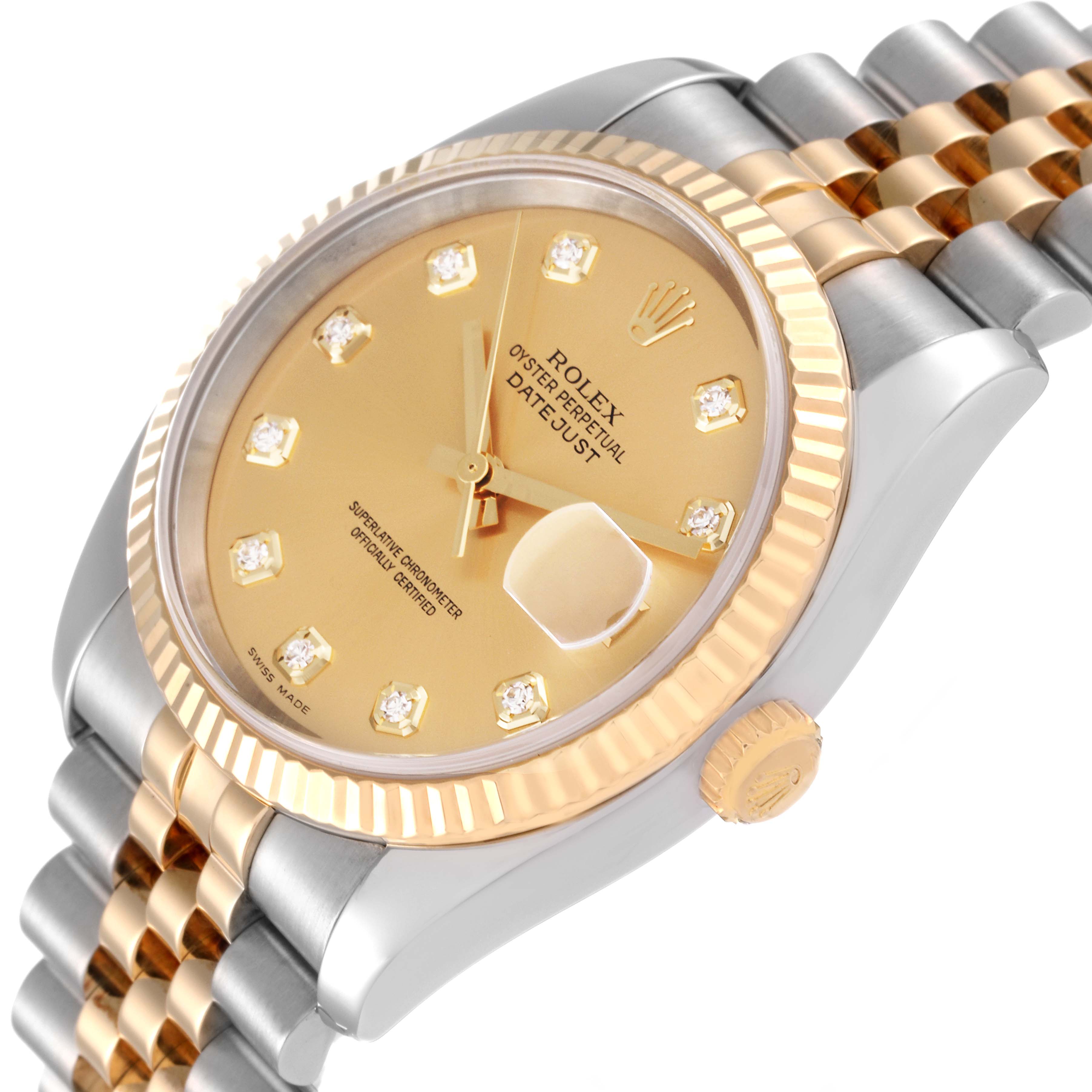 The image shows a close-up angle of a Rolex Datejust 116233 Men's Steel and Gold (two tone) Champagne Dial 116233 Men's Steel and Gold (two tone) Champagne Dial watch, highlighting its gold dial, fluted bezel, and two-tone bracelet.