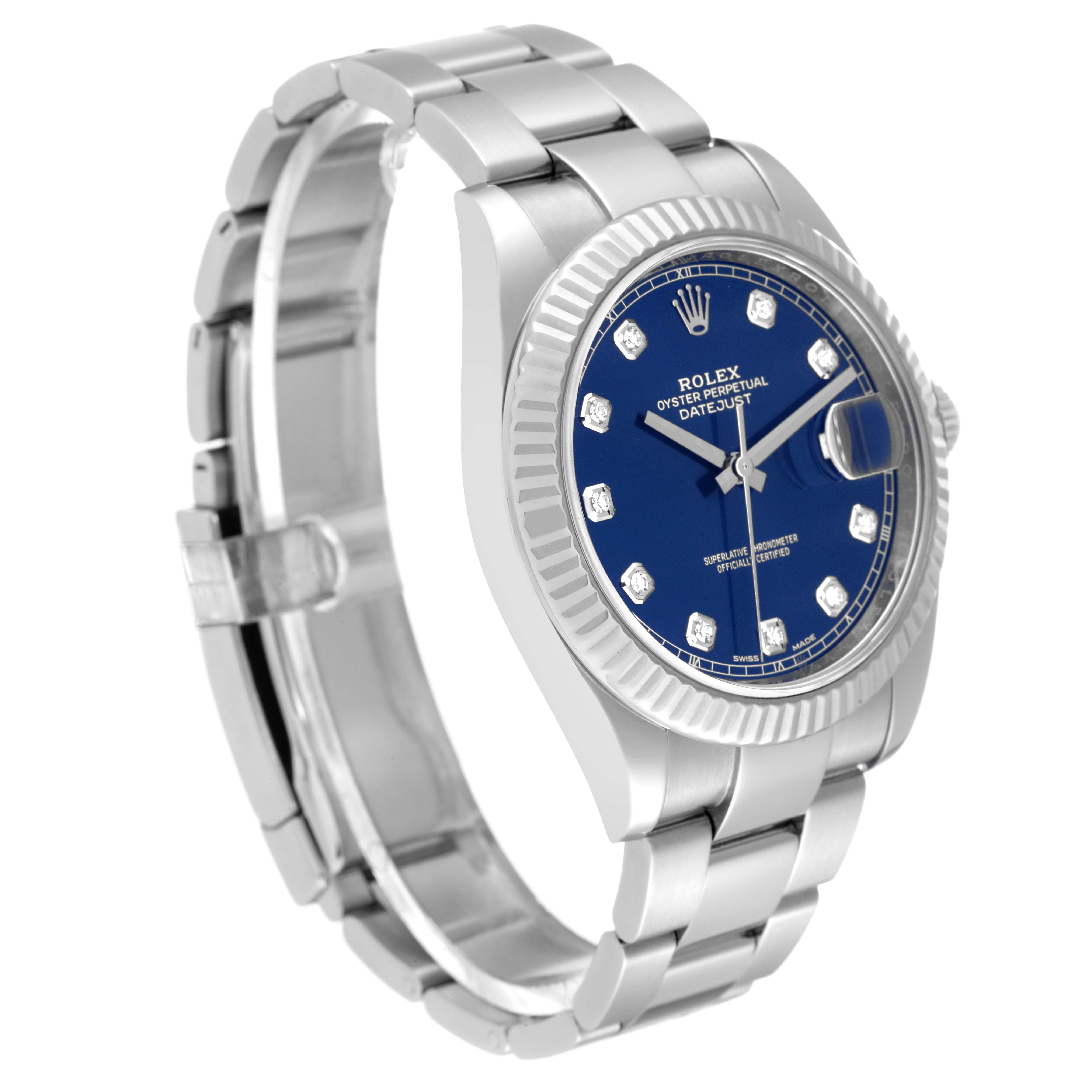 This image shows a Rolex Datejust 41 126334 Men
s Stainless Steel Blue Dial 126334 Men
s Stainless Steel Blue Dial watch, angled to display the watch face, bezel, and bracelet.