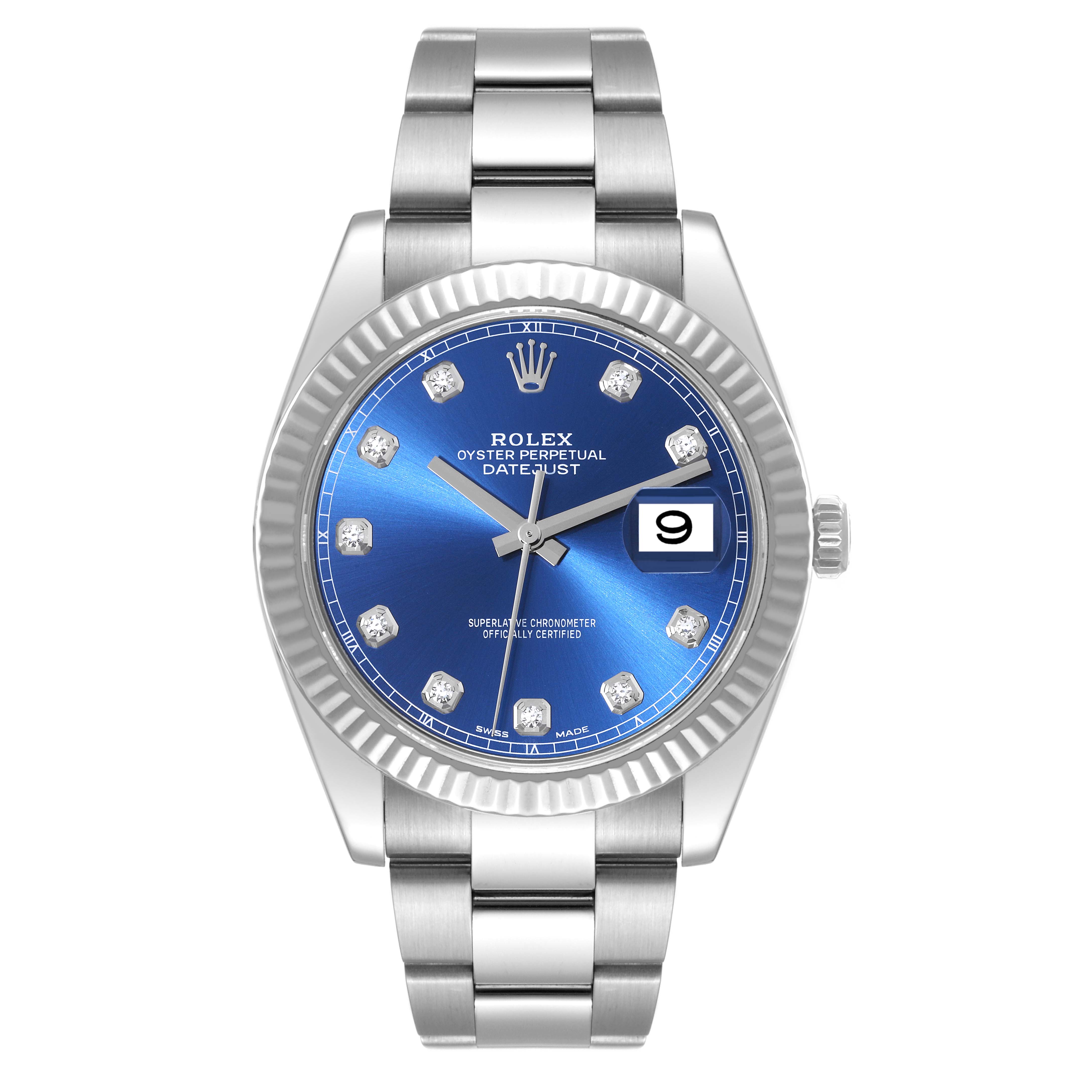 The Rolex Datejust 41 126334 Men
s Stainless Steel Blue Dial 126334 Men
s Stainless Steel Blue Dial watch is shown from the front, highlighting its blue dial, bezel, and bracelet.