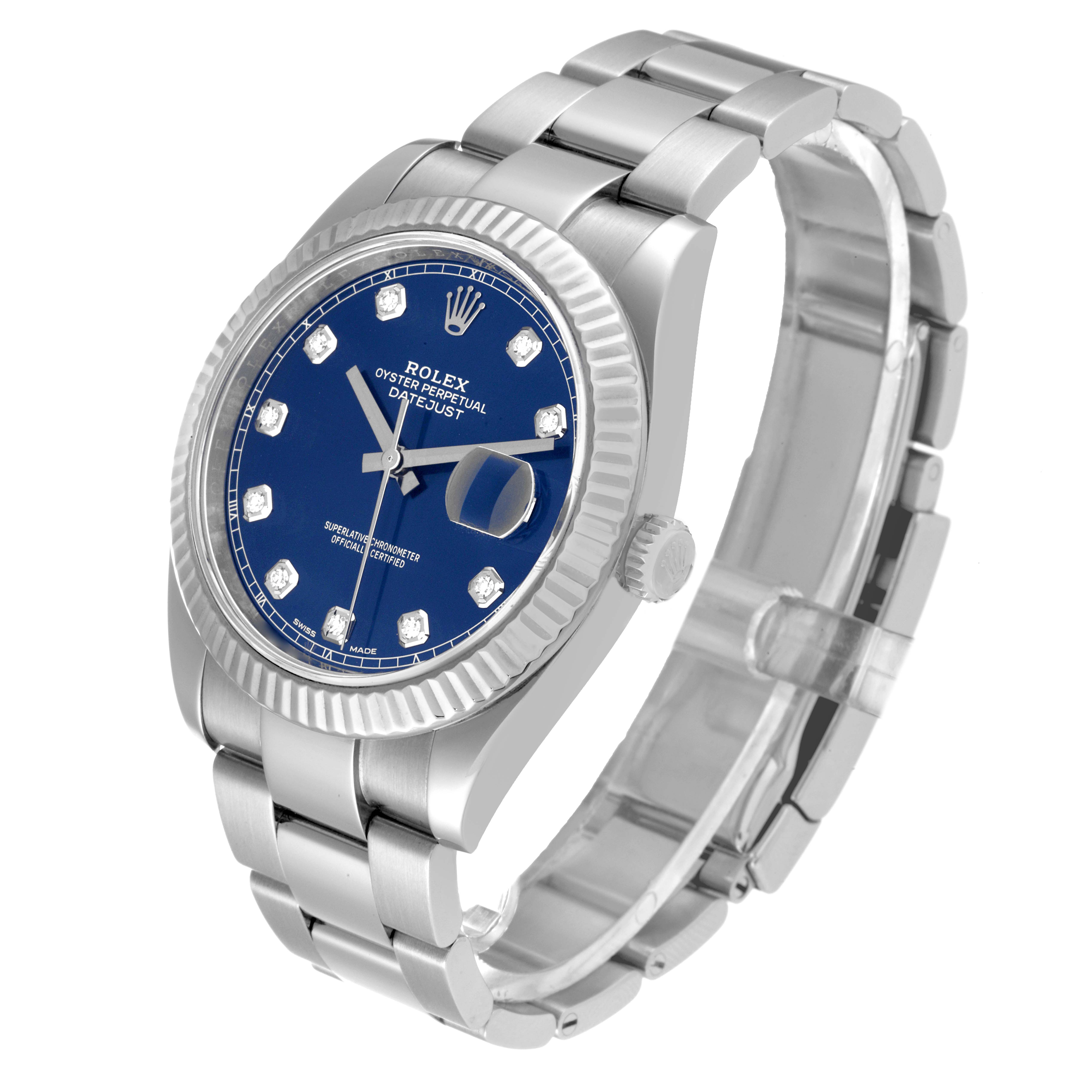 The Rolex Datejust 41 126334 Men
s Stainless Steel Blue Dial 126334 Men
s Stainless Steel Blue Dial watch is shown at a slight angle, highlighting the face, bezel, and bracelet.