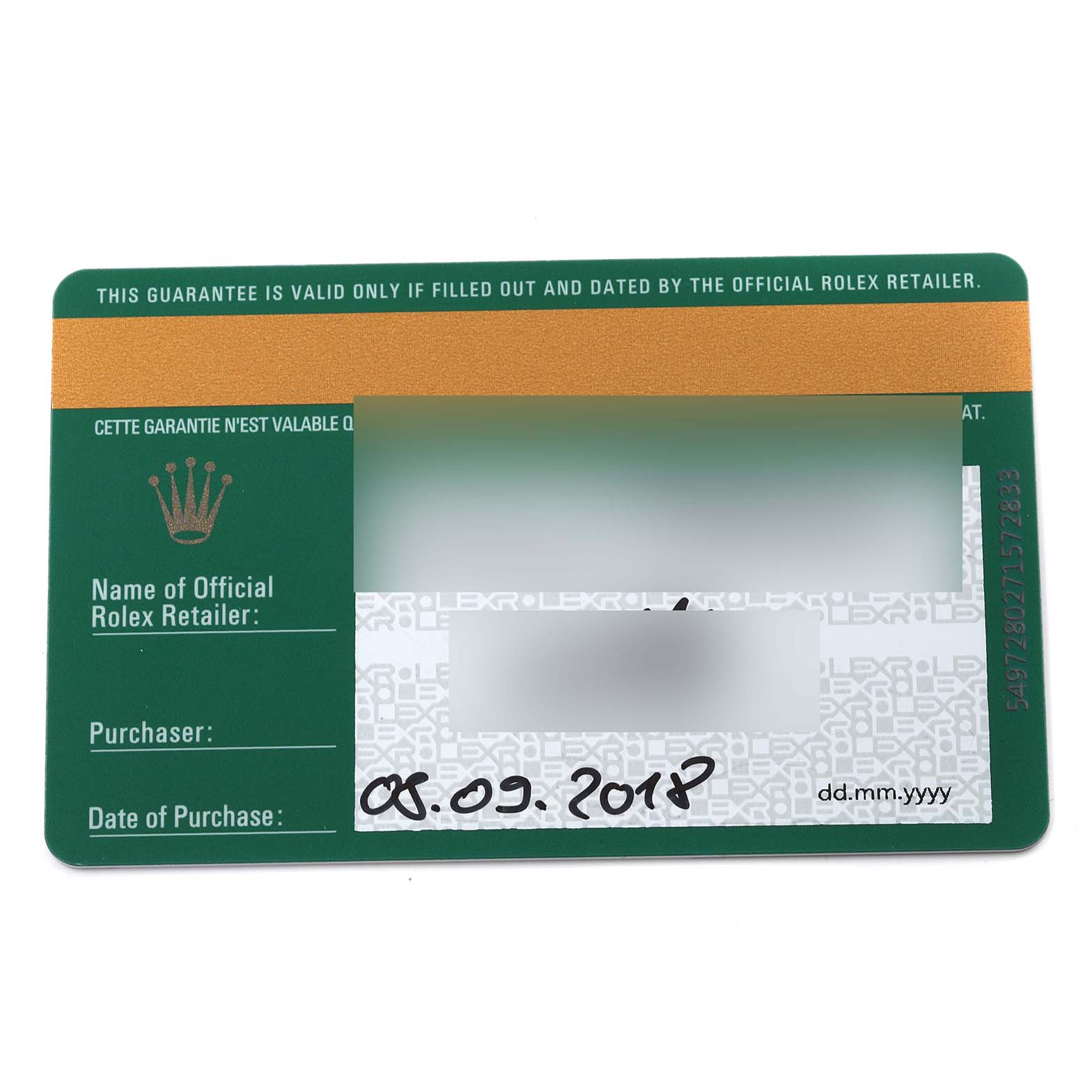 This image shows a warranty card for the Rolex Datejust 41 126334 Men
s Stainless Steel Blue Dial 126334 Men
s Stainless Steel Blue Dial model, displaying fields for the retailer, purchaser, and date of purchase.