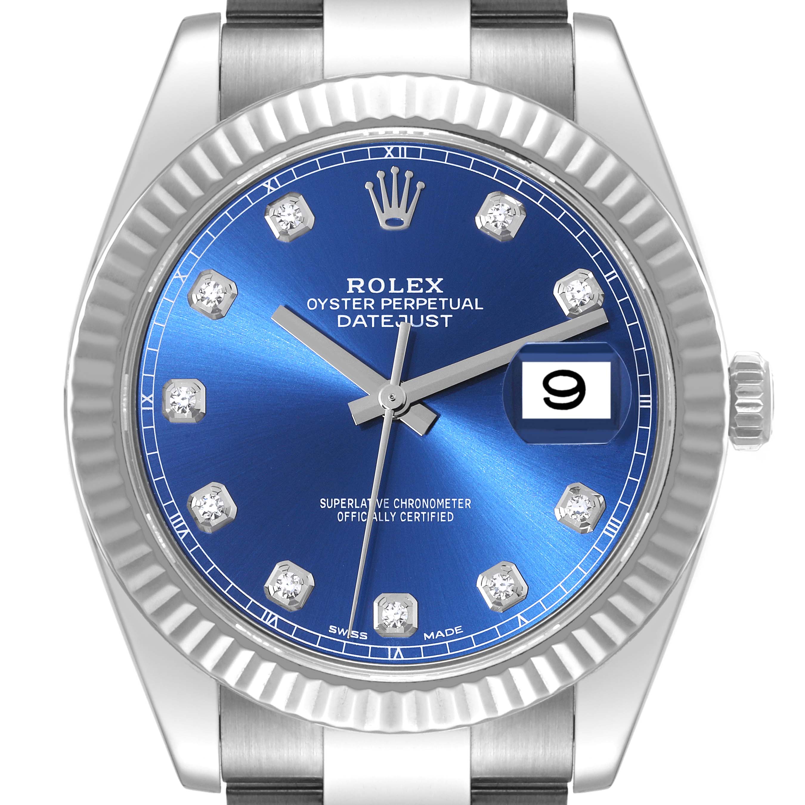 This is a close-up of the Rolex Datejust 41 126334 Men
s Stainless Steel Blue Dial 126334 Men
s Stainless Steel Blue Dial watch showcasing the blue dial, diamond hour markers, fluted bezel, and date window at 3 o
clock.