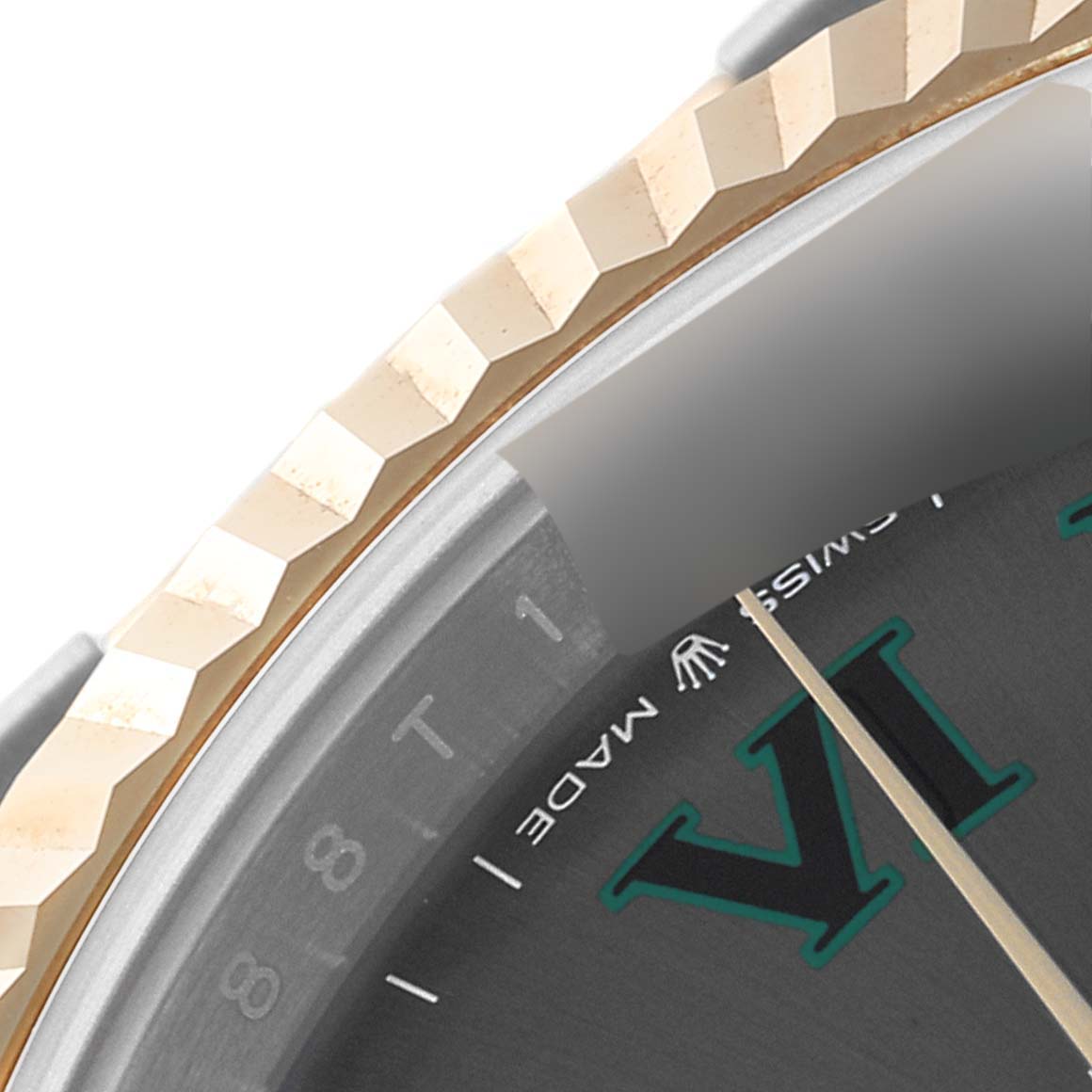 The image shows a close-up of the bezel, dial, and numeral details of the Rolex Datejust 41 126333 Men
s Steel and Gold (two tone) Grey Dial 126333 Men
s Steel and Gold (two tone) Grey Dial model.