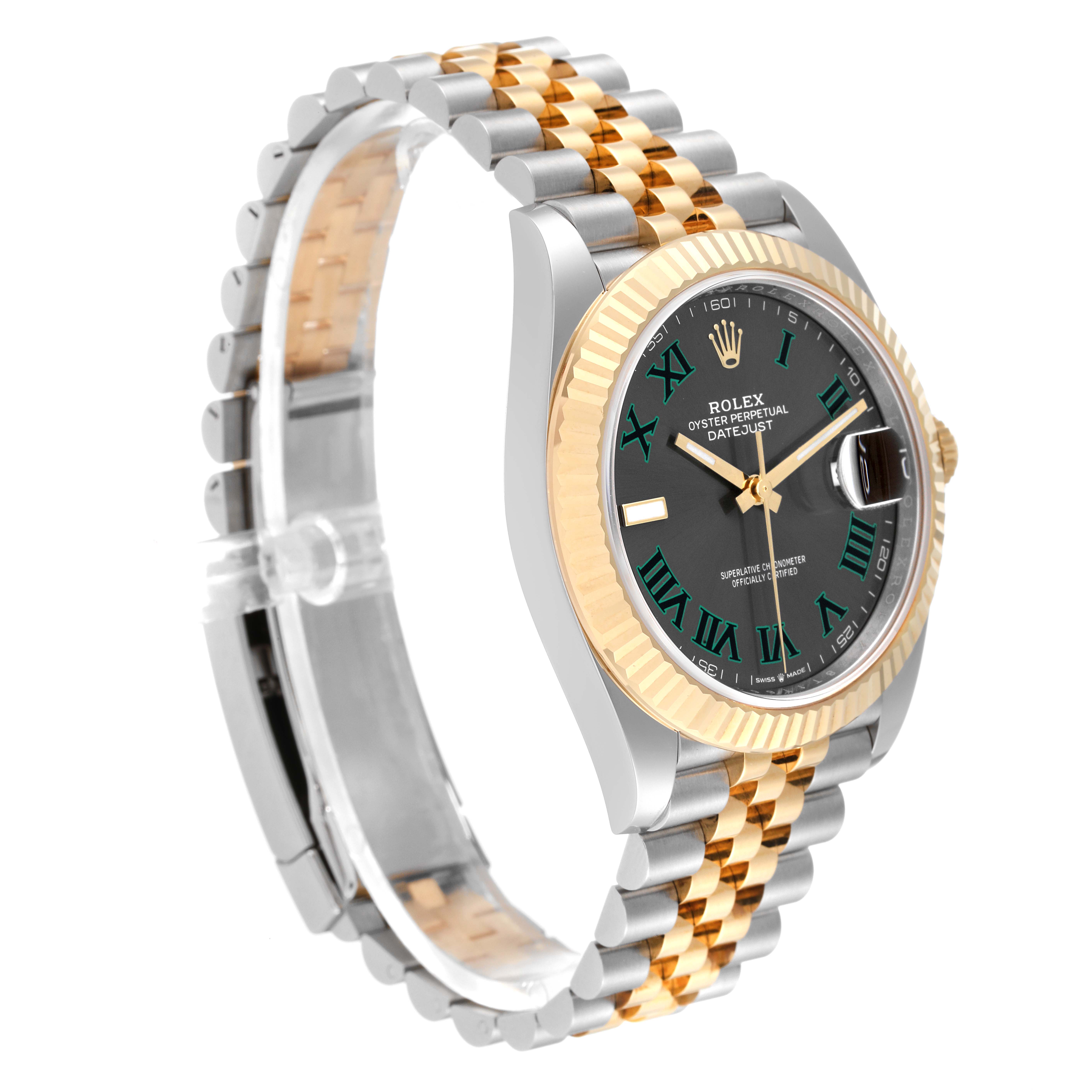 The image shows a Rolex Datejust 41 126333 Men
s Steel and Gold (two tone) Grey Dial 126333 Men
s Steel and Gold (two tone) Grey Dial watch at a three-quarter angle, featuring its green dial, two-tone bracelet, and fluted bezel.