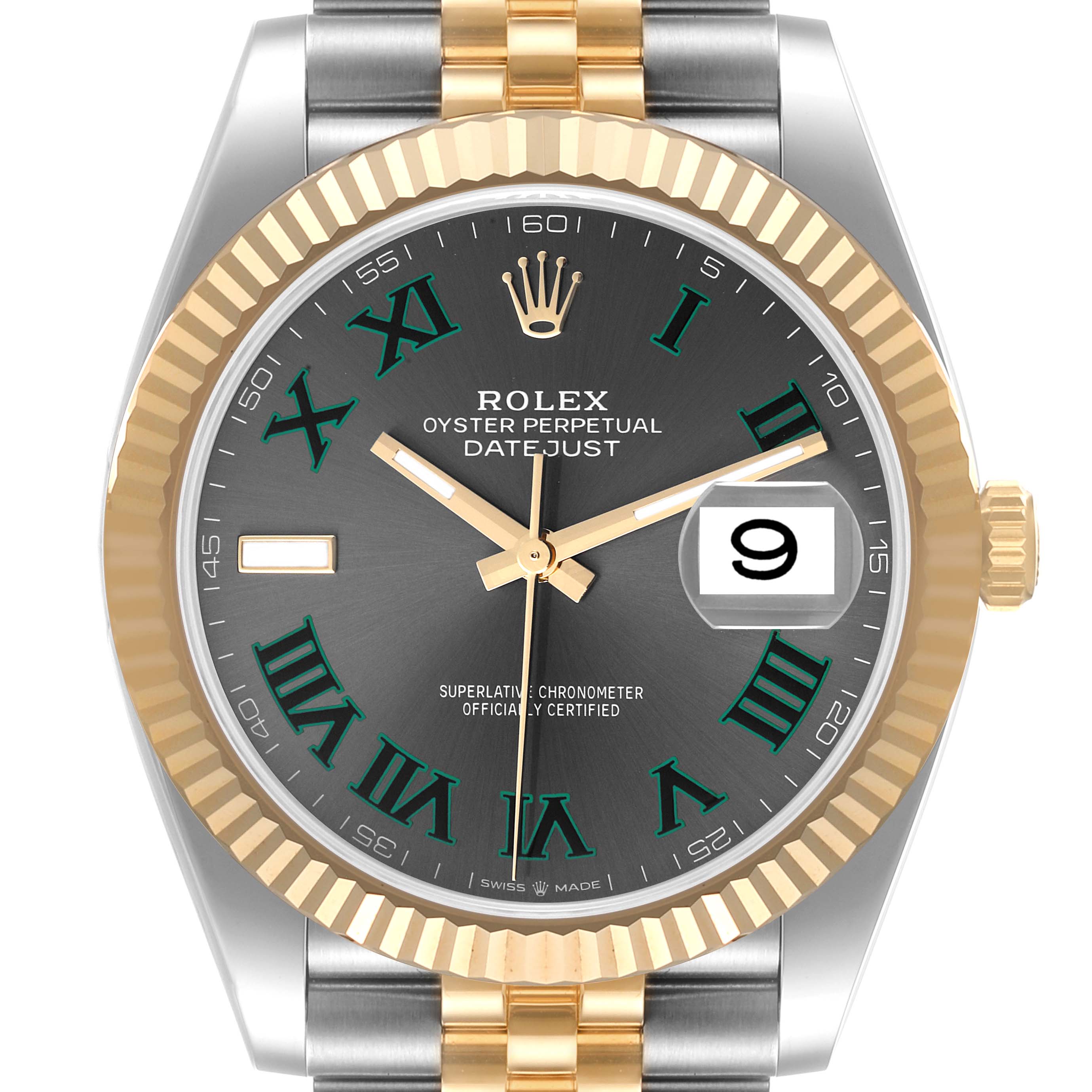 This image shows a front view of the Rolex Datejust 41 126333 Men
s Steel and Gold (two tone) Grey Dial 126333 Men
s Steel and Gold (two tone) Grey Dial watch, highlighting its two-tone bracelet, fluted bezel, and date display at 3 o
clock.