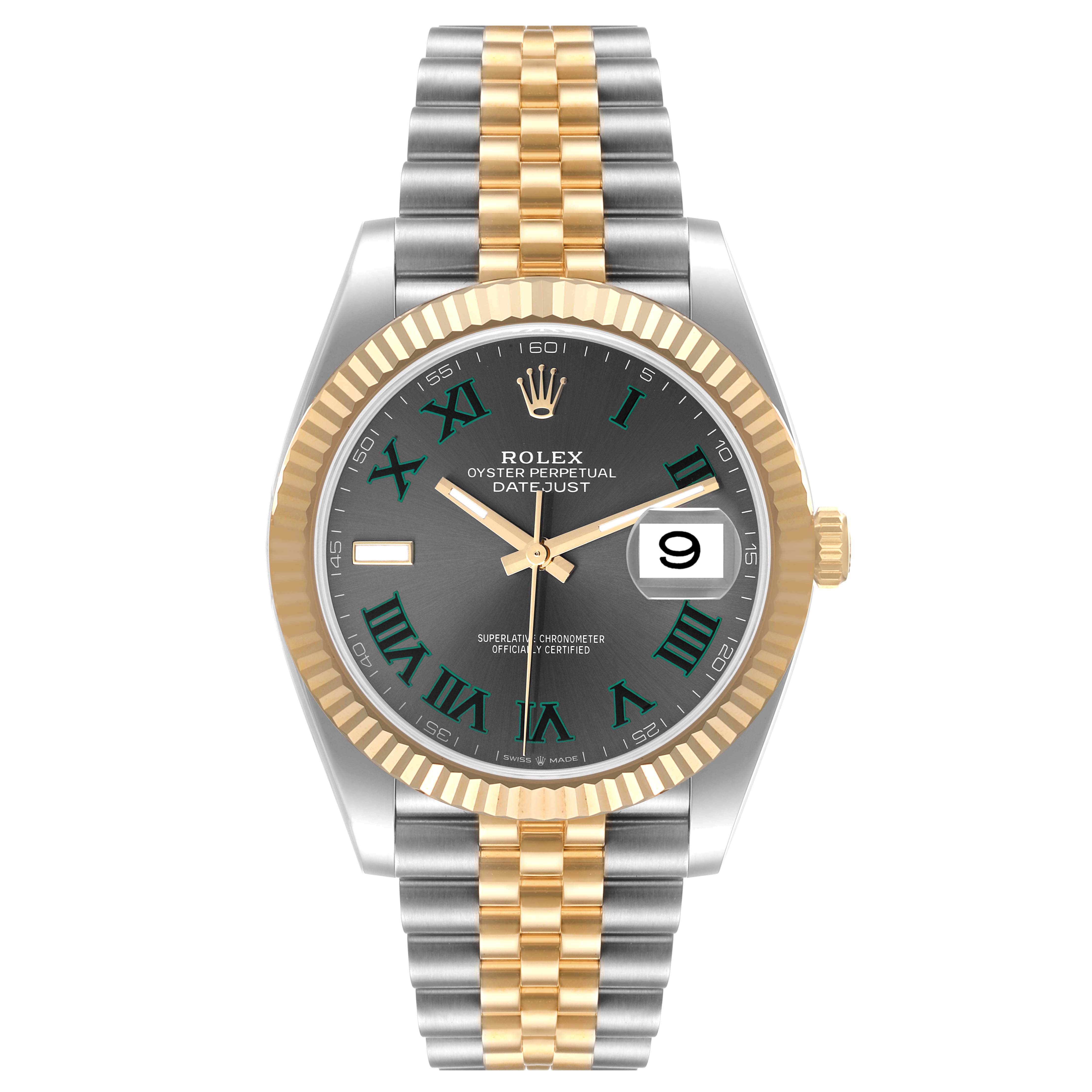 The image shows a front view of the Rolex Datejust 41 126333 Men
s Steel and Gold (two tone) Grey Dial 126333 Men
s Steel and Gold (two tone) Grey Dial watch, featuring a two-tone bracelet, fluted bezel, and a dark dial.