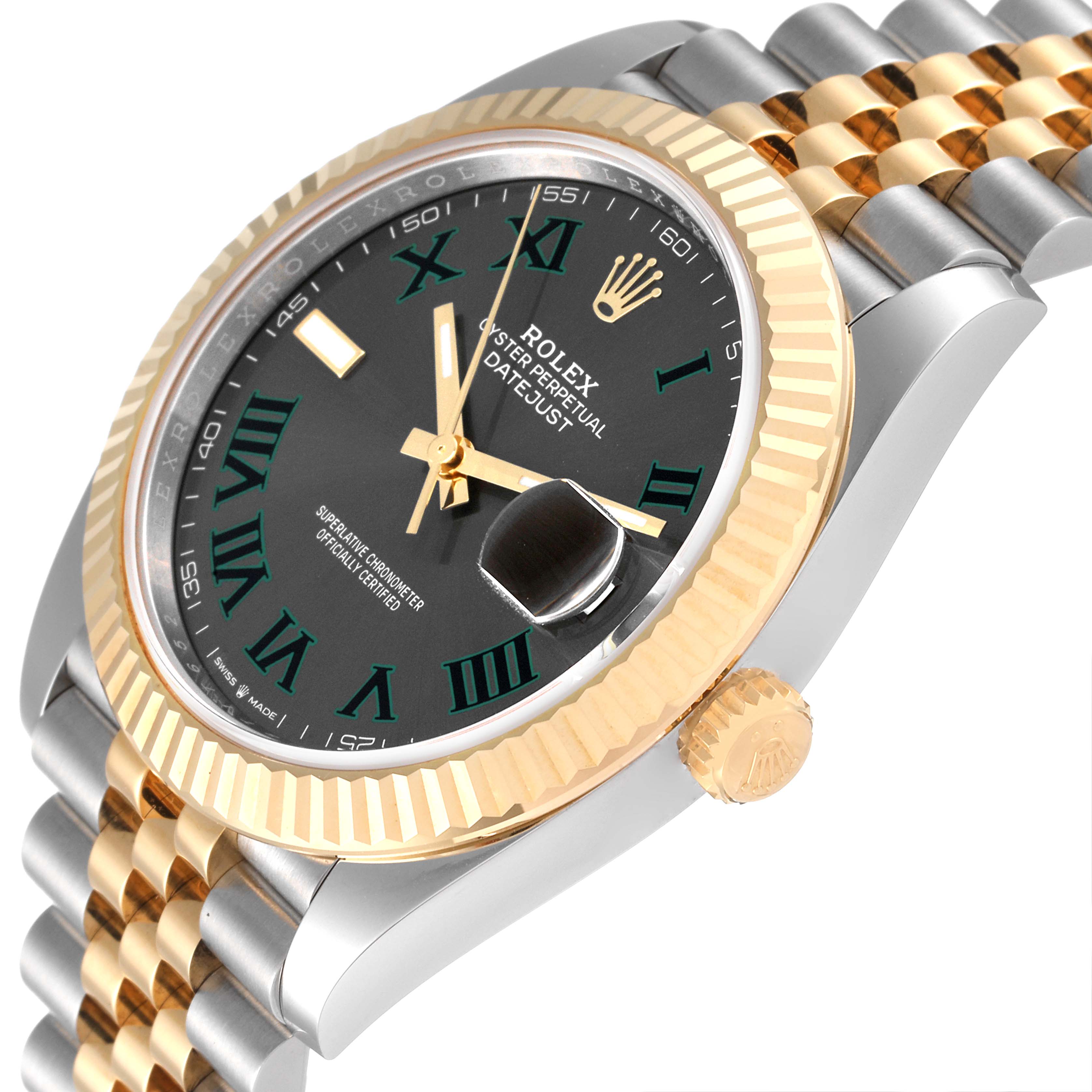 The image shows a close-up of the Rolex Datejust 41 126333 Men
s Steel and Gold (two tone) Grey Dial 126333 Men
s Steel and Gold (two tone) Grey Dial watch from an angle emphasizing its black dial, Roman numerals, two-tone bracelet, and fluted bezel.