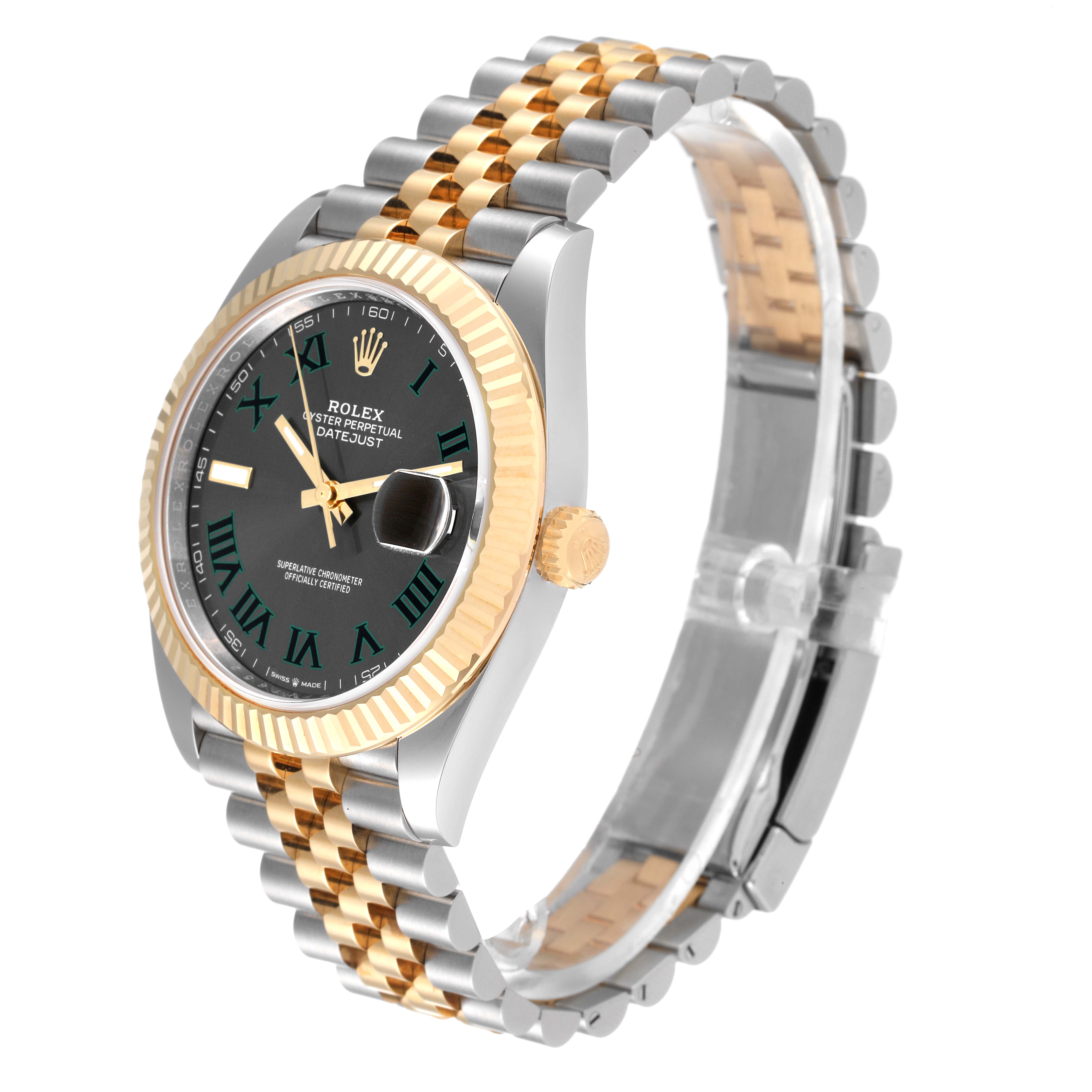 The image shows a Rolex Datejust 41 126333 Men
s Steel and Gold (two tone) Grey Dial 126333 Men
s Steel and Gold (two tone) Grey Dial watch at an angle, highlighting the dial, fluted bezel, crown, and two-tone jubilee bracelet.