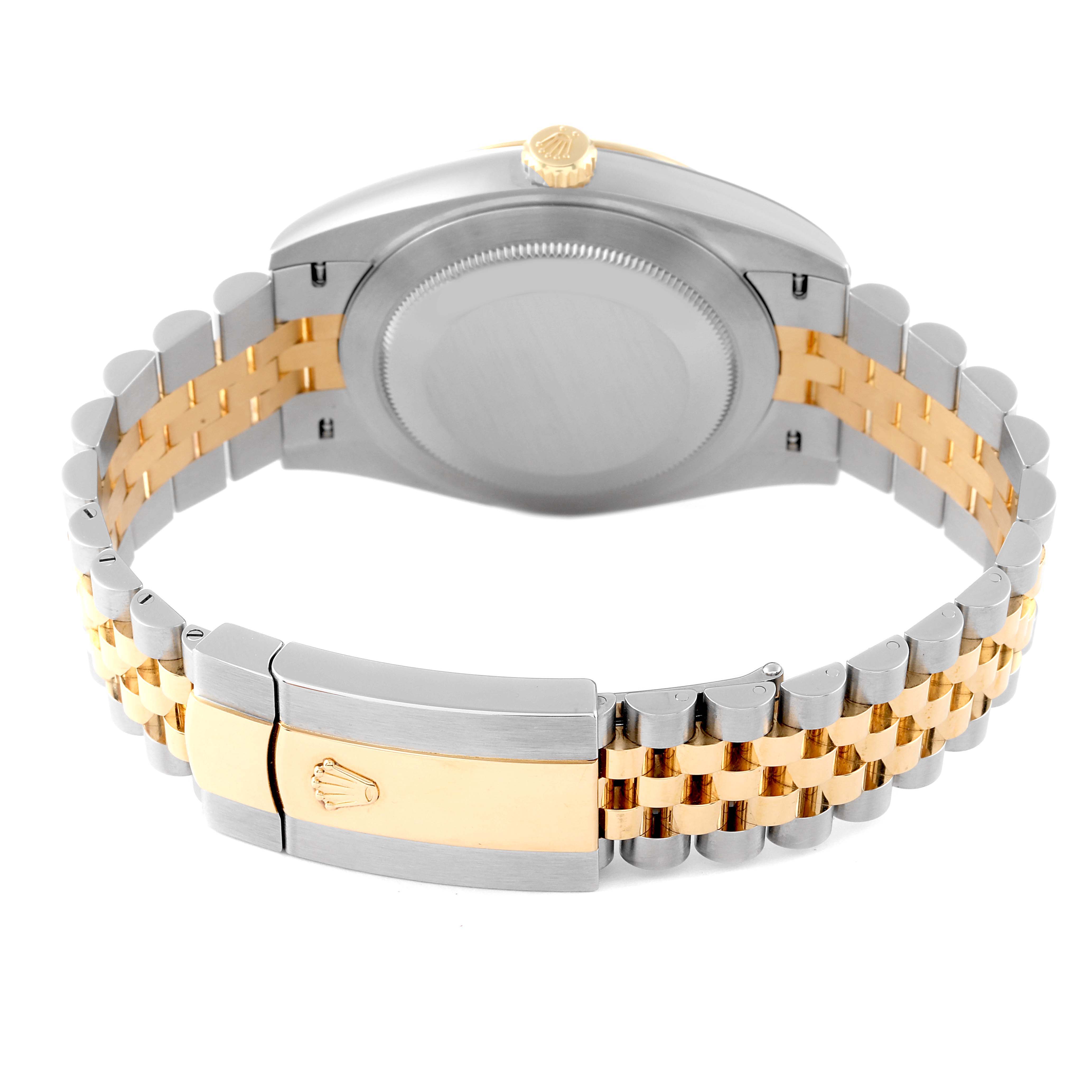 The image shows the back view of a Rolex Datejust 41 126333 Men
s Steel and Gold (two tone) Grey Dial 126333 Men
s Steel and Gold (two tone) Grey Dial watch, highlighting its case back and two-tone bracelet with the clasp.