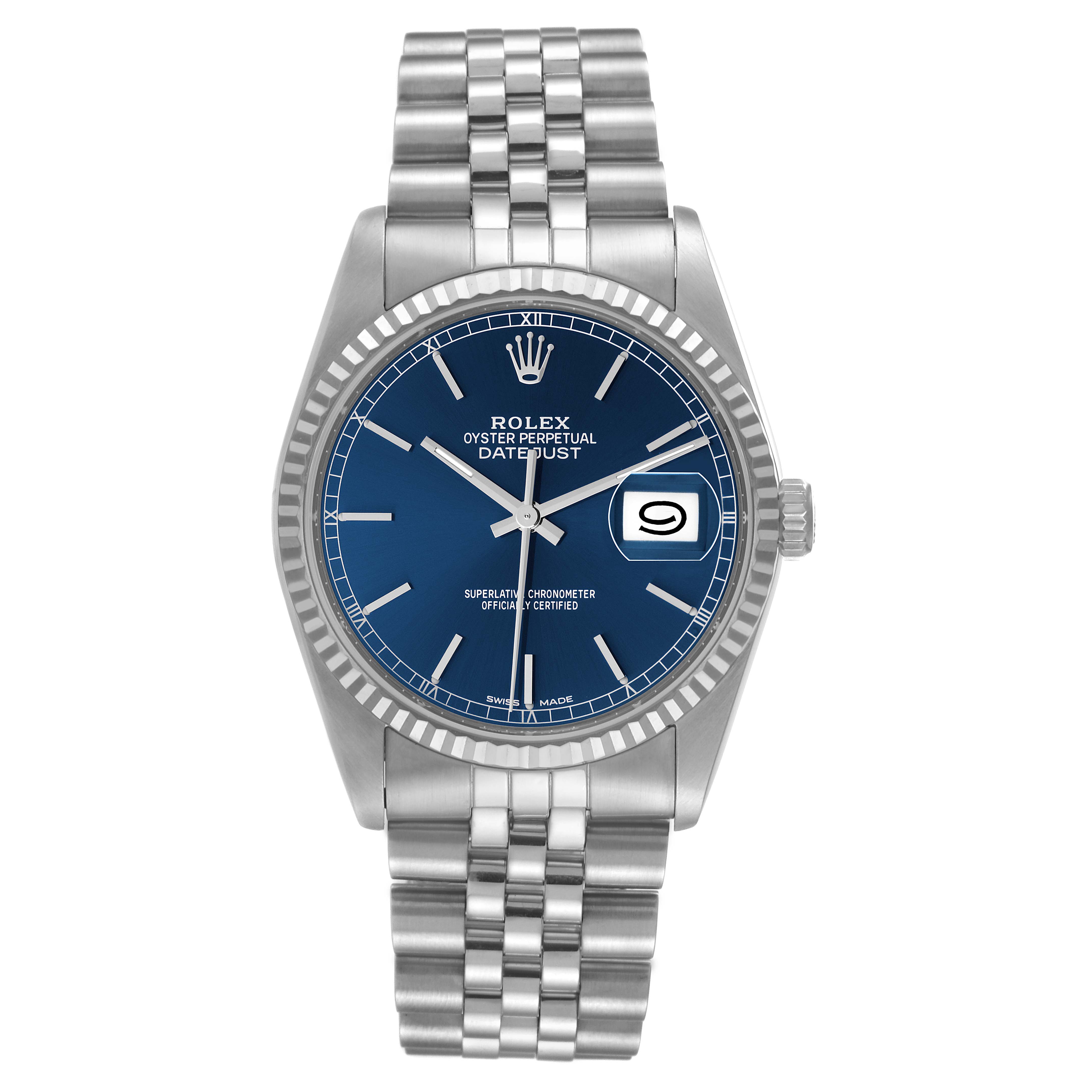 This image shows a frontal view of a Rolex Datejust 16234 Men's Stainless Steel Blue Dial 16234 Men's Stainless Steel Blue Dial watch, featuring a blue dial, date window, and Jubilee bracelet.
