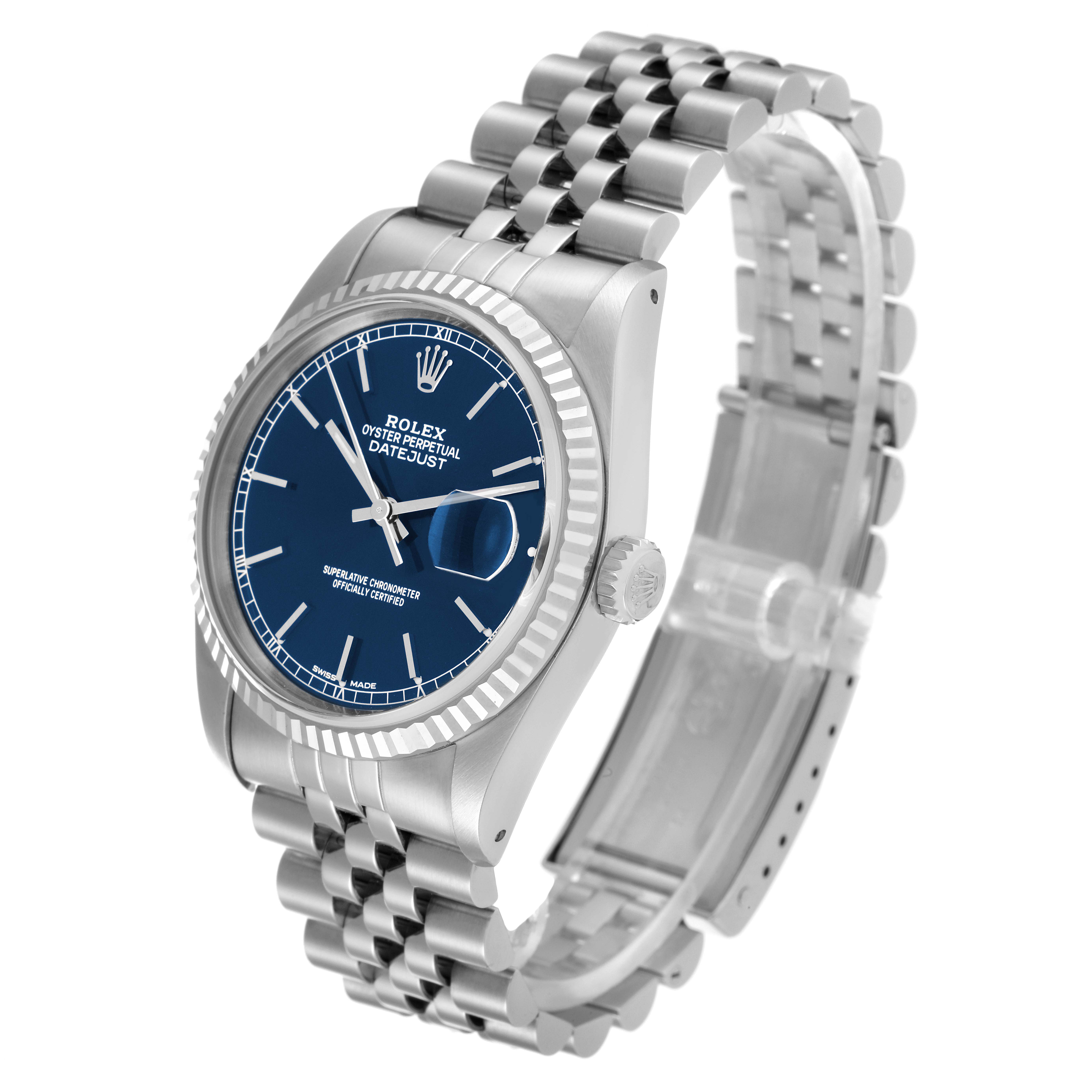 The image shows a Rolex Datejust 16234 Men's Stainless Steel Blue Dial 16234 Men's Stainless Steel Blue Dial watch at a front-side angle, displaying its blue dial, fluted bezel, and Jubilee bracelet.