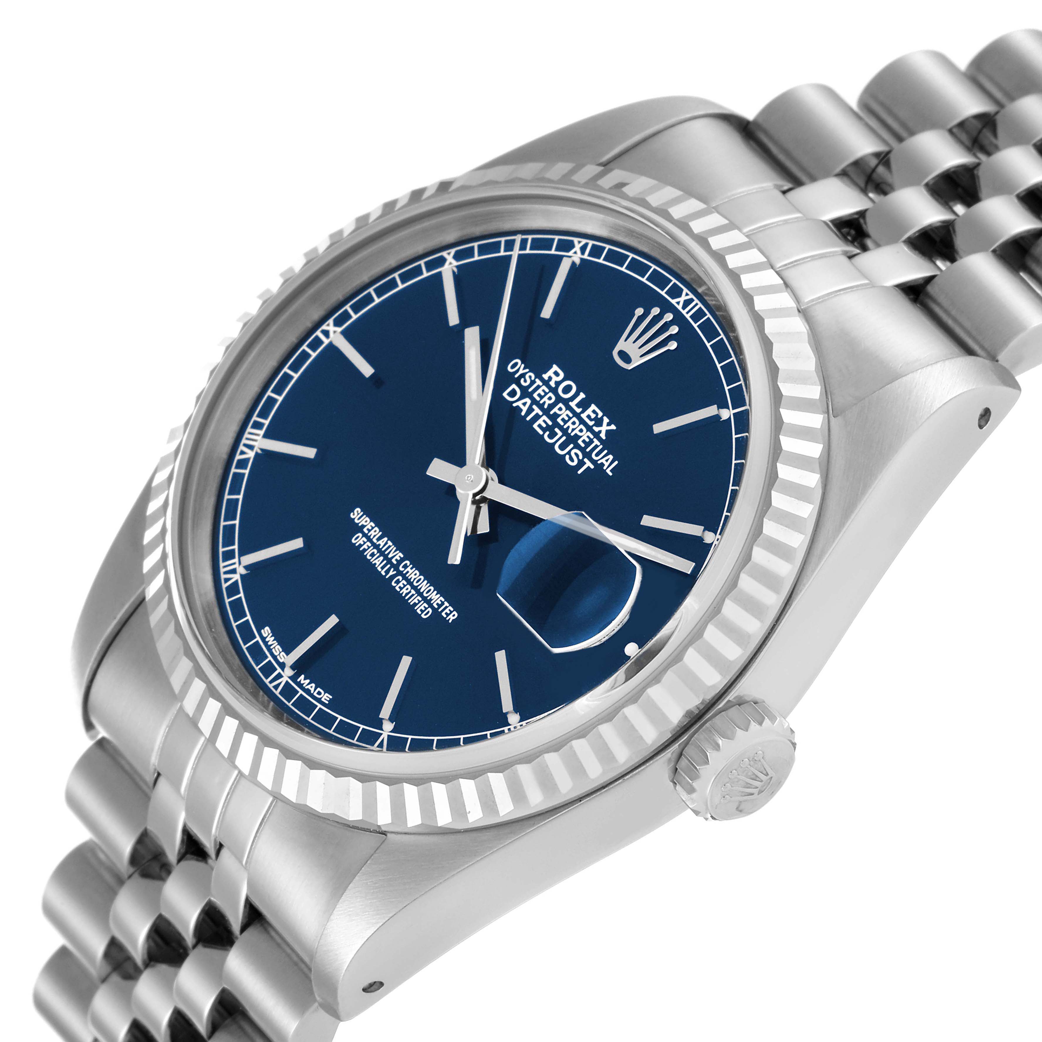 The image shows a Rolex Datejust 16234 Men's Stainless Steel Blue Dial 16234 Men's Stainless Steel Blue Dial watch at an angle highlighting the dial, case, fluted bezel, crown, and jubilee bracelet.