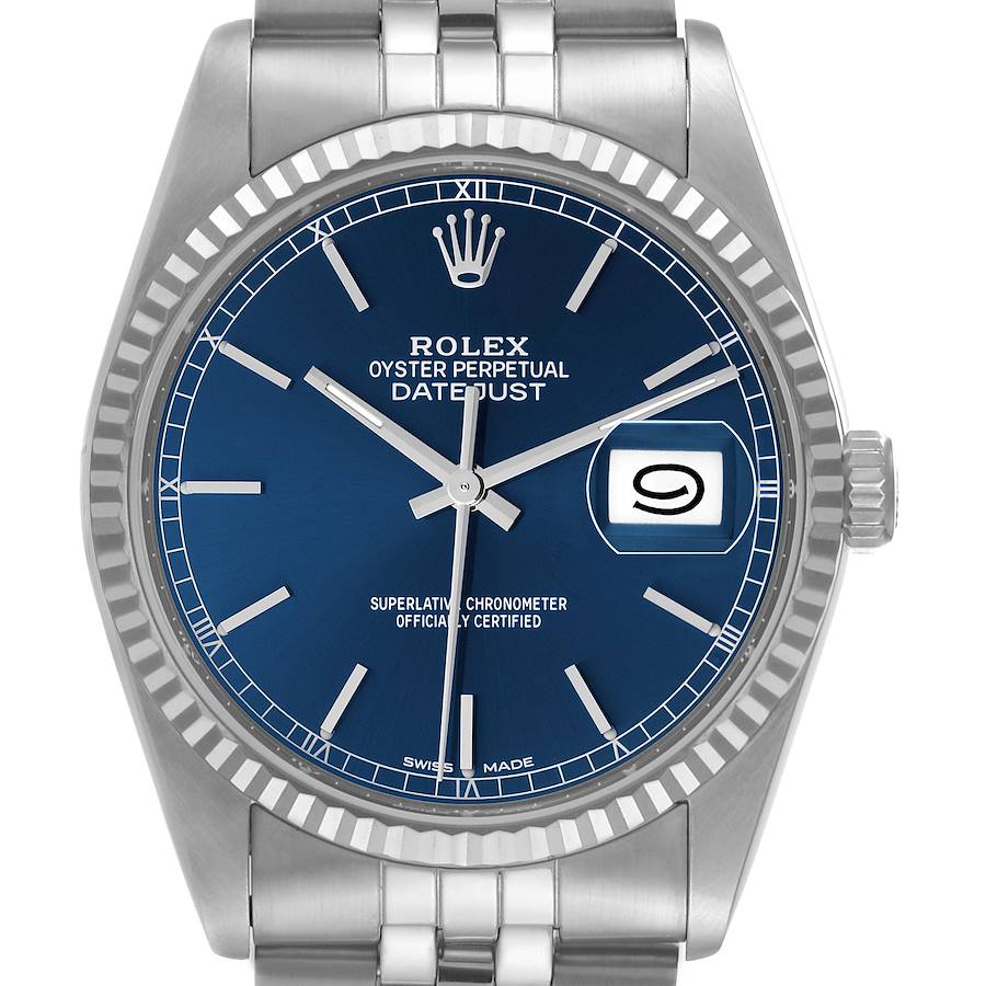 Rolex Datejust Blue Dial Steel White Gold Watch 16234 Box Service Card SwissWatchExpo