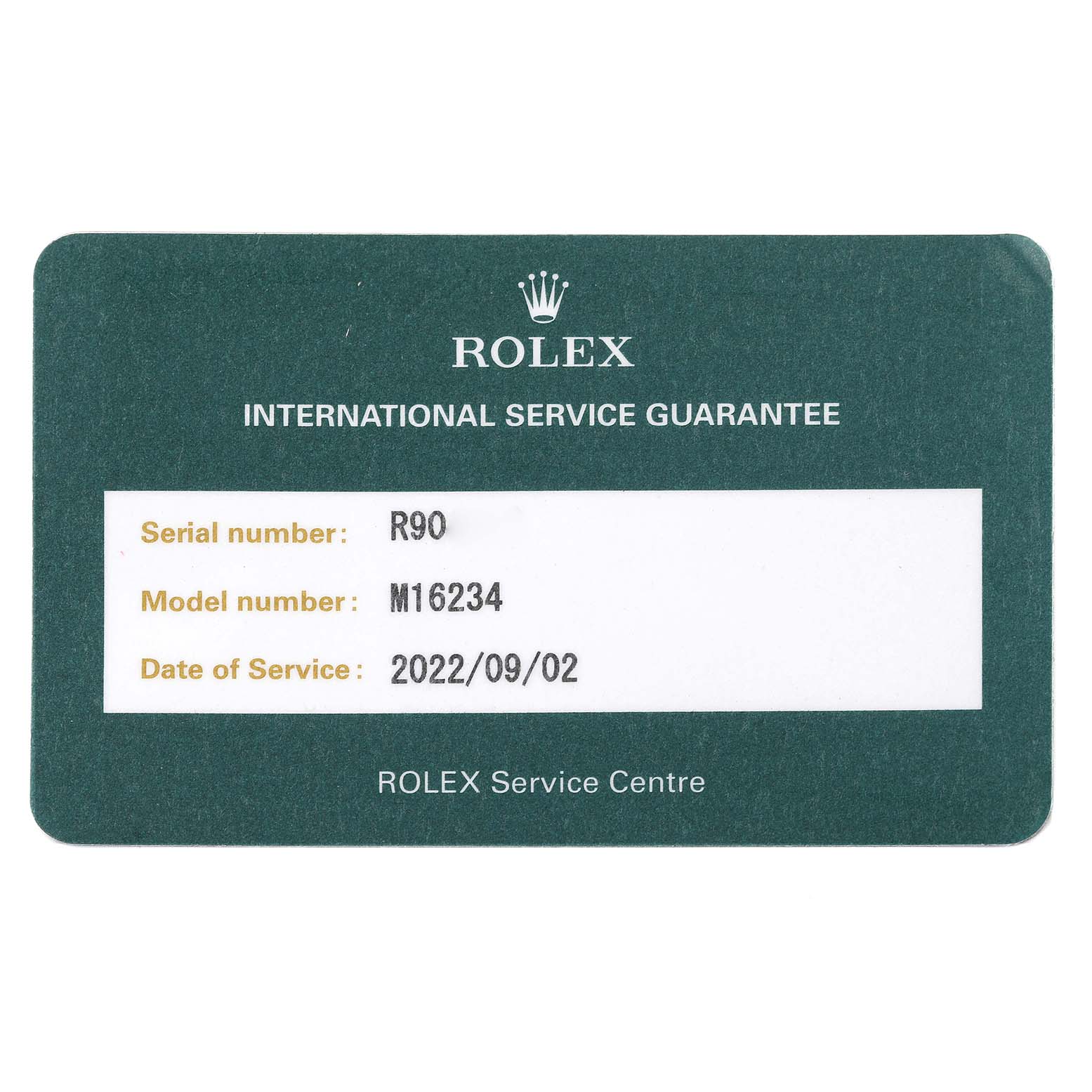This is an International Service Guarantee card for a Rolex Datejust 16234 Men's Stainless Steel Blue Dial 16234 Men's Stainless Steel Blue Dial model, including serial and model numbers and service date.