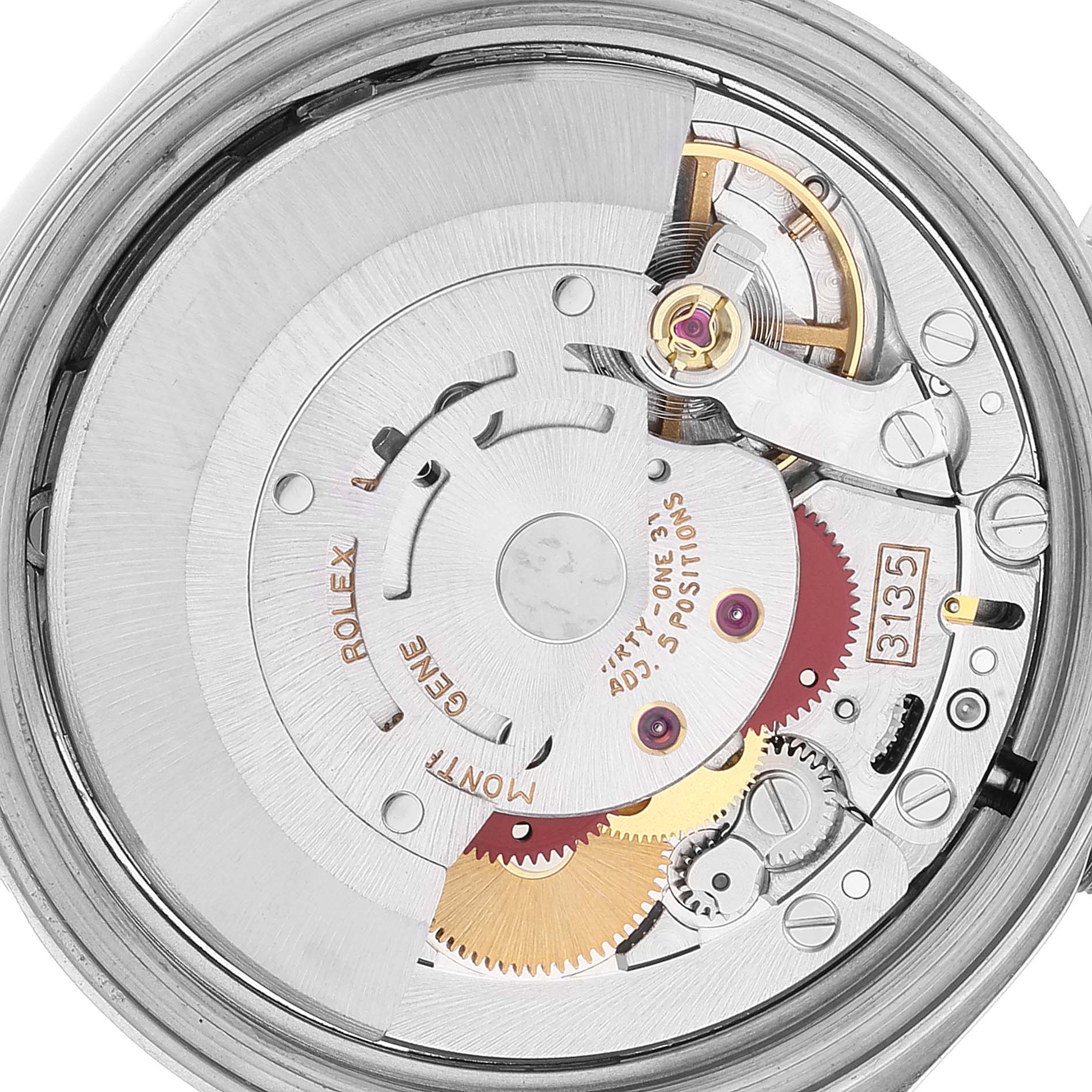 This image shows the internal mechanism of the Rolex Datejust 16234 Men's Stainless Steel Blue Dial 16234 Men's Stainless Steel Blue Dial watch from a close-up, rear angle.