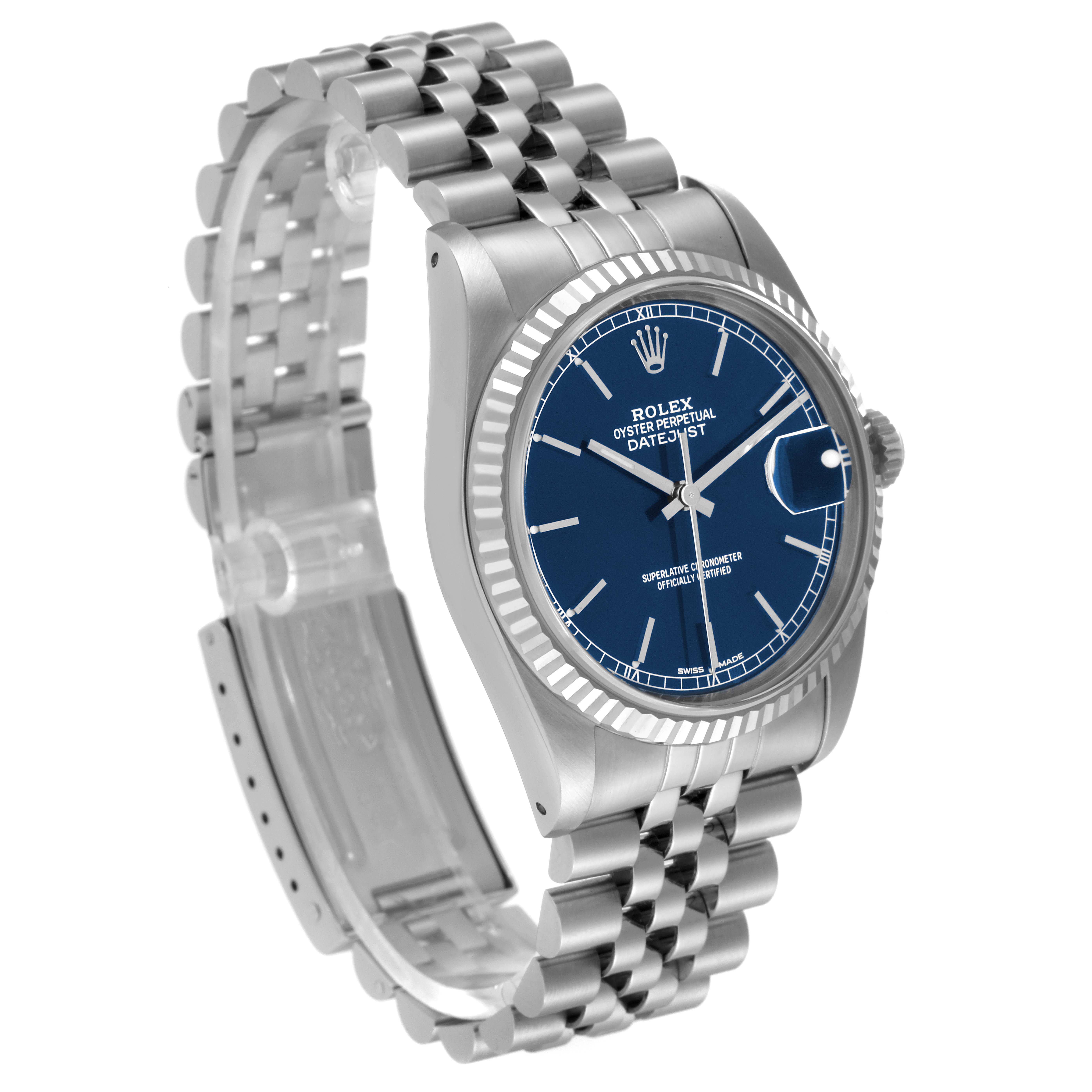 The image shows a side and front view of a Rolex Datejust 16234 Men's Stainless Steel Blue Dial 16234 Men's Stainless Steel Blue Dial watch, highlighting its blue dial, fluted bezel, and Jubilee bracelet.