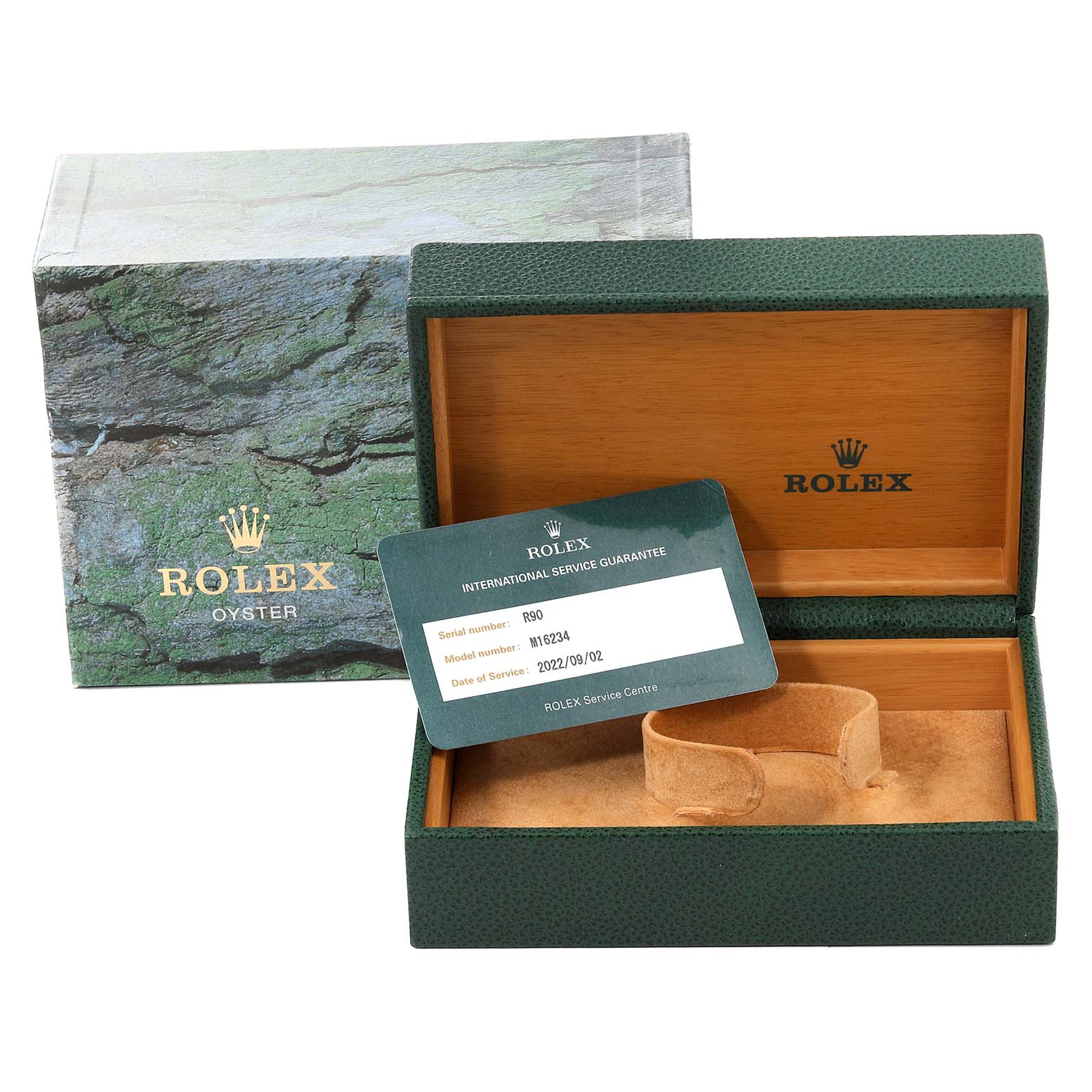 This image shows the packaging and warranty card for a Rolex Datejust 16234 Men's Stainless Steel Blue Dial 16234 Men's Stainless Steel Blue Dial watch, including the box and service guarantee card.