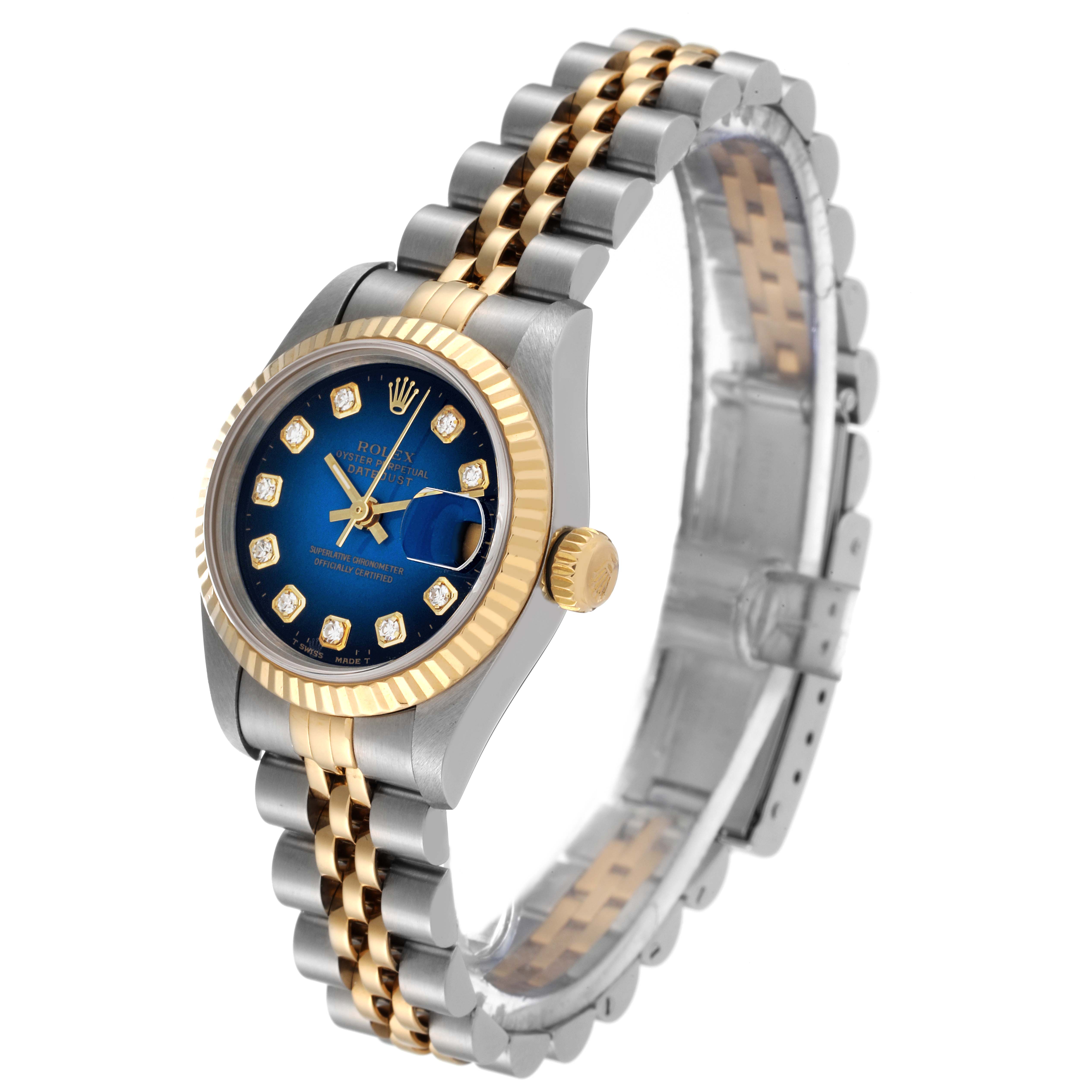 The Rolex Datejust 69173 Women's Steel and Gold (two tone) Blue Dial 69173 Women's Steel and Gold (two tone) Blue Dial watch is shown at an angle displaying the dial, bezel, crown, and bracelet.