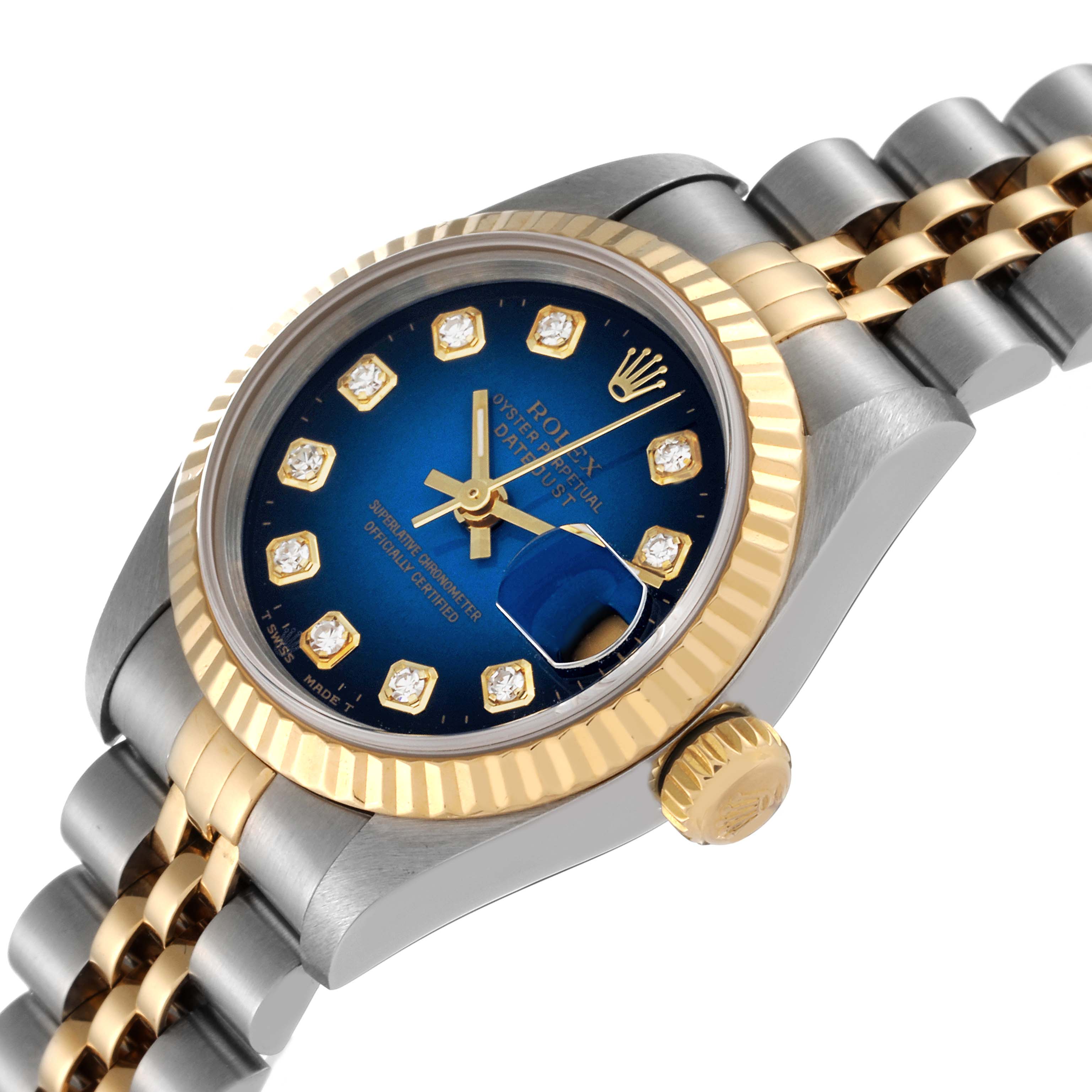 The Rolex Datejust 69173 Women's Steel and Gold (two tone) Blue Dial 69173 Women's Steel and Gold (two tone) Blue Dial watch is shown at an oblique angle, highlighting the case, blue dial, gold fluted bezel, and two-tone bracelet.