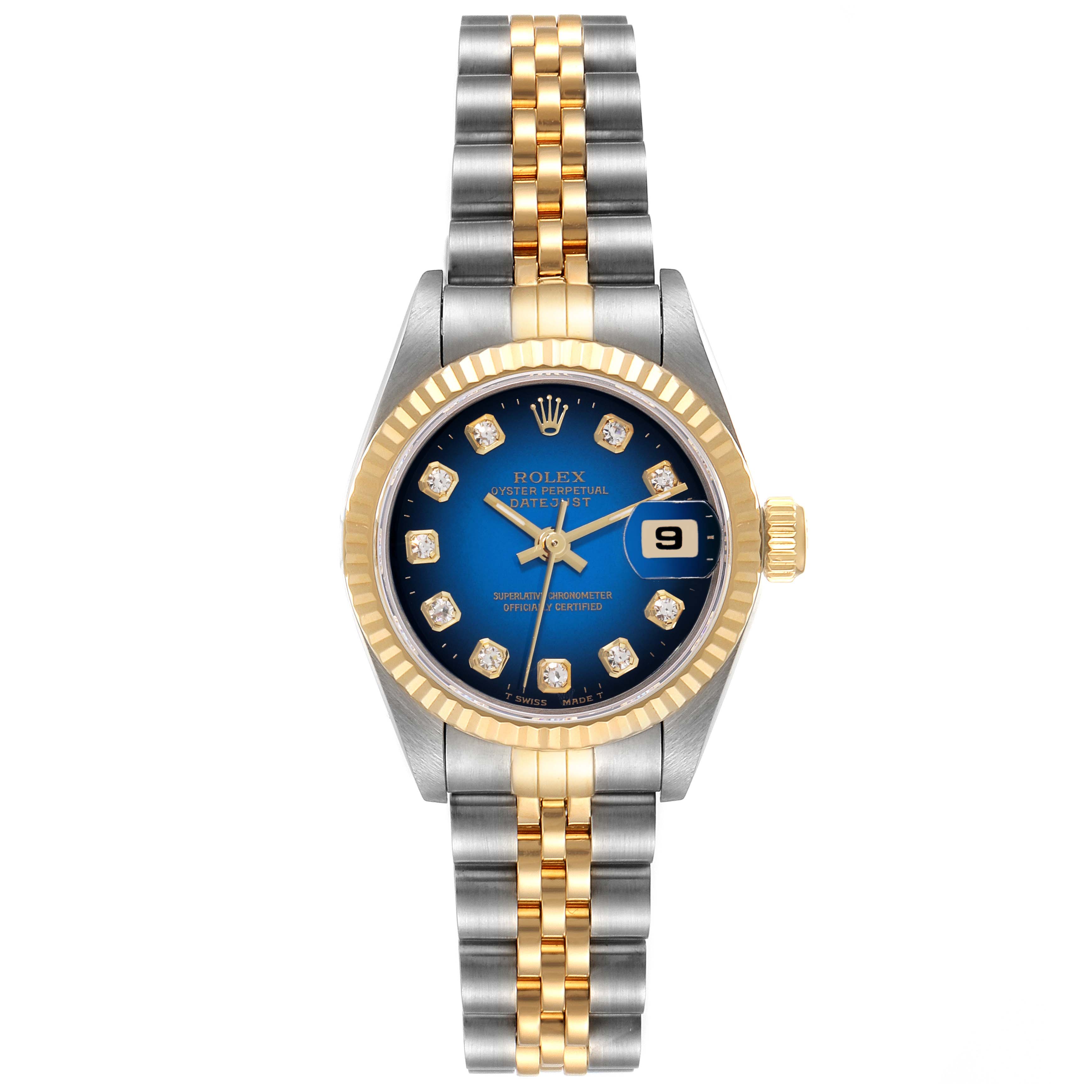 This is a front view of the Rolex Datejust 69173 Women's Steel and Gold (two tone) Blue Dial 69173 Women's Steel and Gold (two tone) Blue Dial showing the face, bezel, crown, and bracelet.