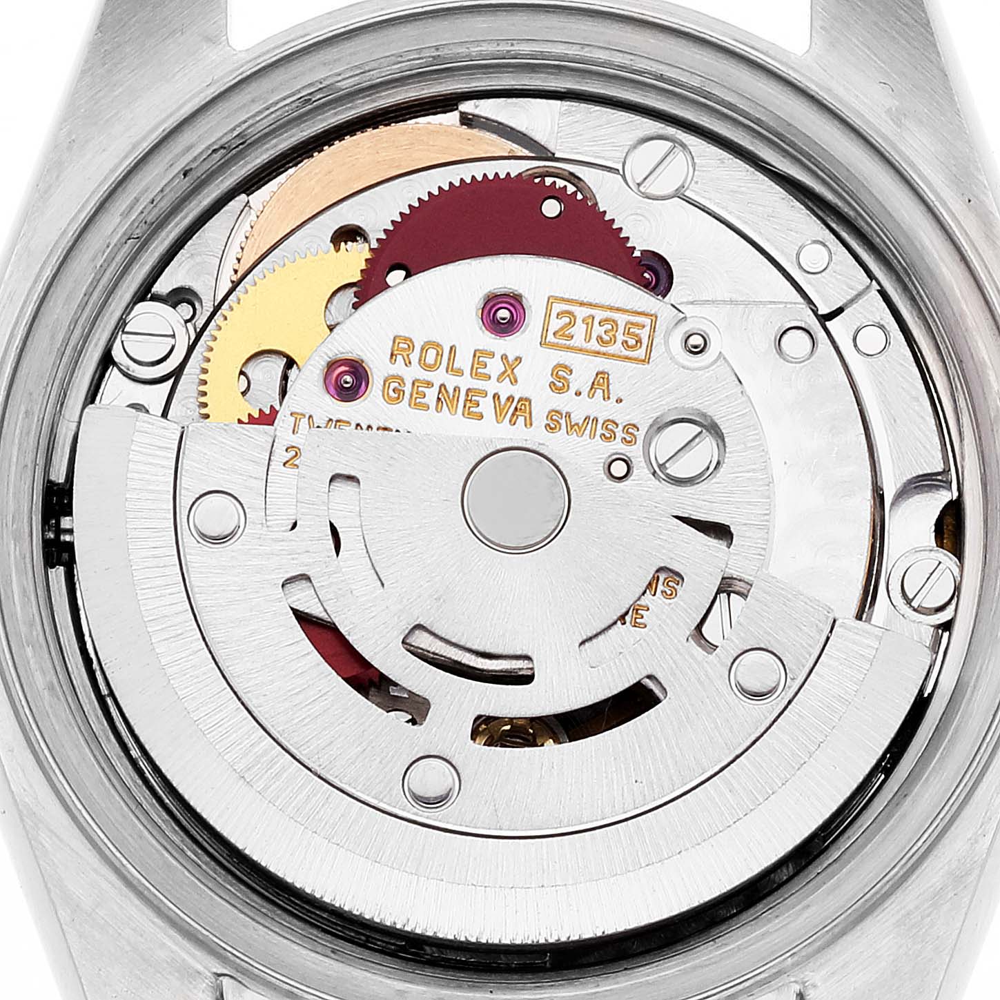 This image shows the internal mechanical movement of a Rolex Datejust 69173 Women's Steel and Gold (two tone) Blue Dial 69173 Women's Steel and Gold (two tone) Blue Dial watch, displaying gears and the rotor.