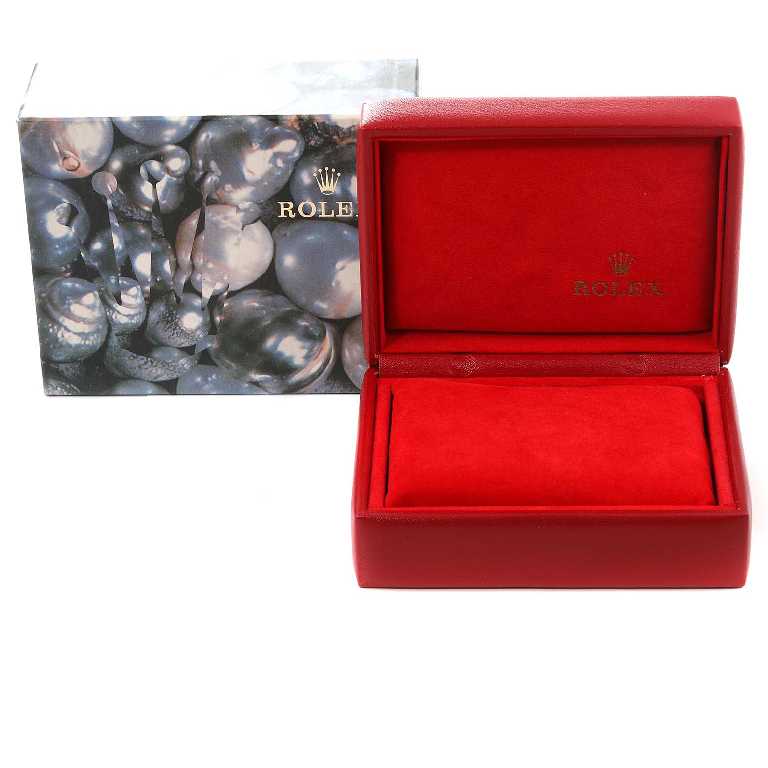 The image shows an empty Rolex Datejust 69173 Women's Steel and Gold (two tone) Blue Dial 69173 Women's Steel and Gold (two tone) Blue Dial watch box and its outer packaging from a front angle.