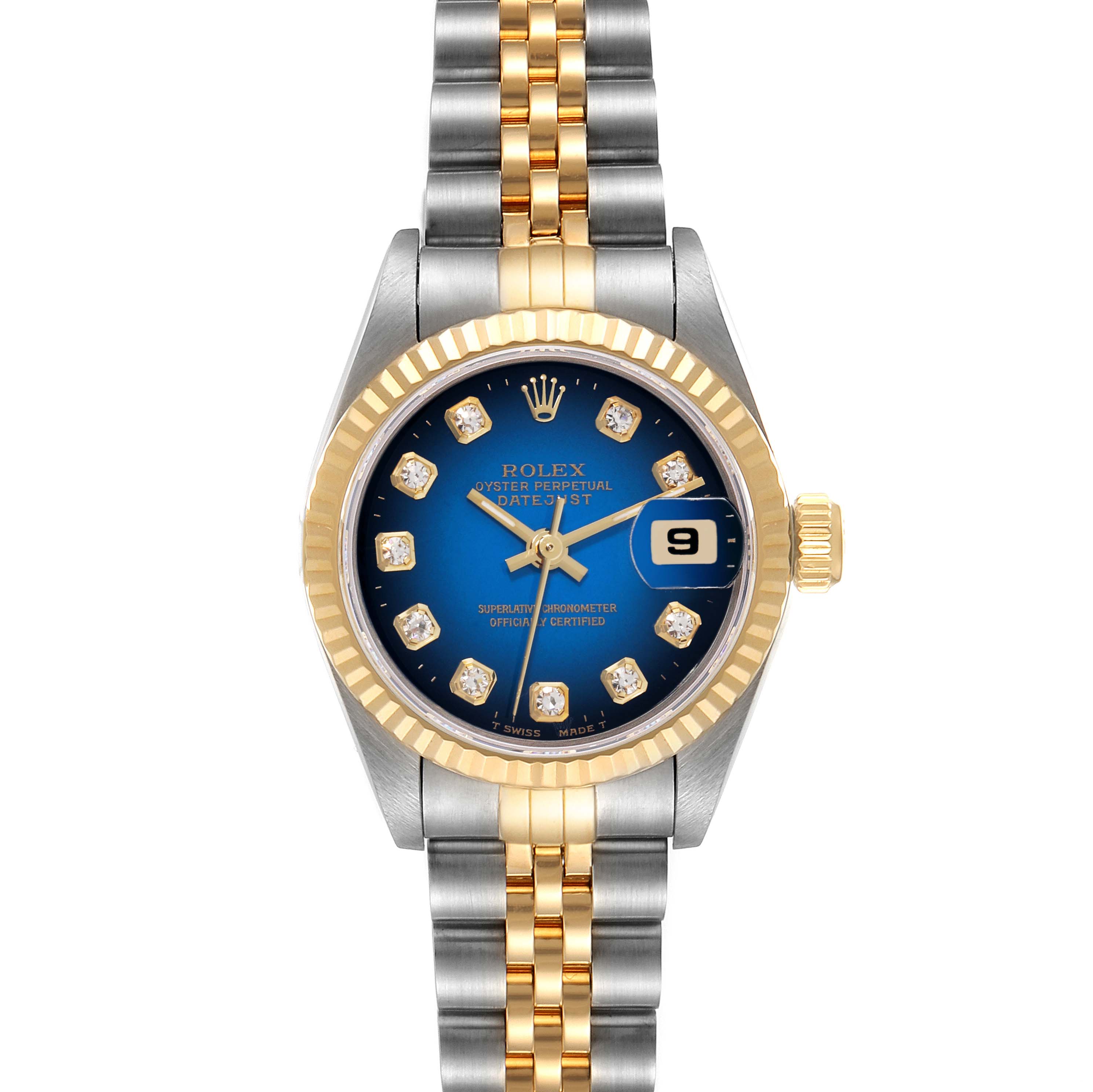 This Rolex Datejust 69173 Women's Steel and Gold (two tone) Blue Dial 69173 Women's Steel and Gold (two tone) Blue Dial watch is shown from a top-down angle, displaying the face, bezel, crown, and bracelet.