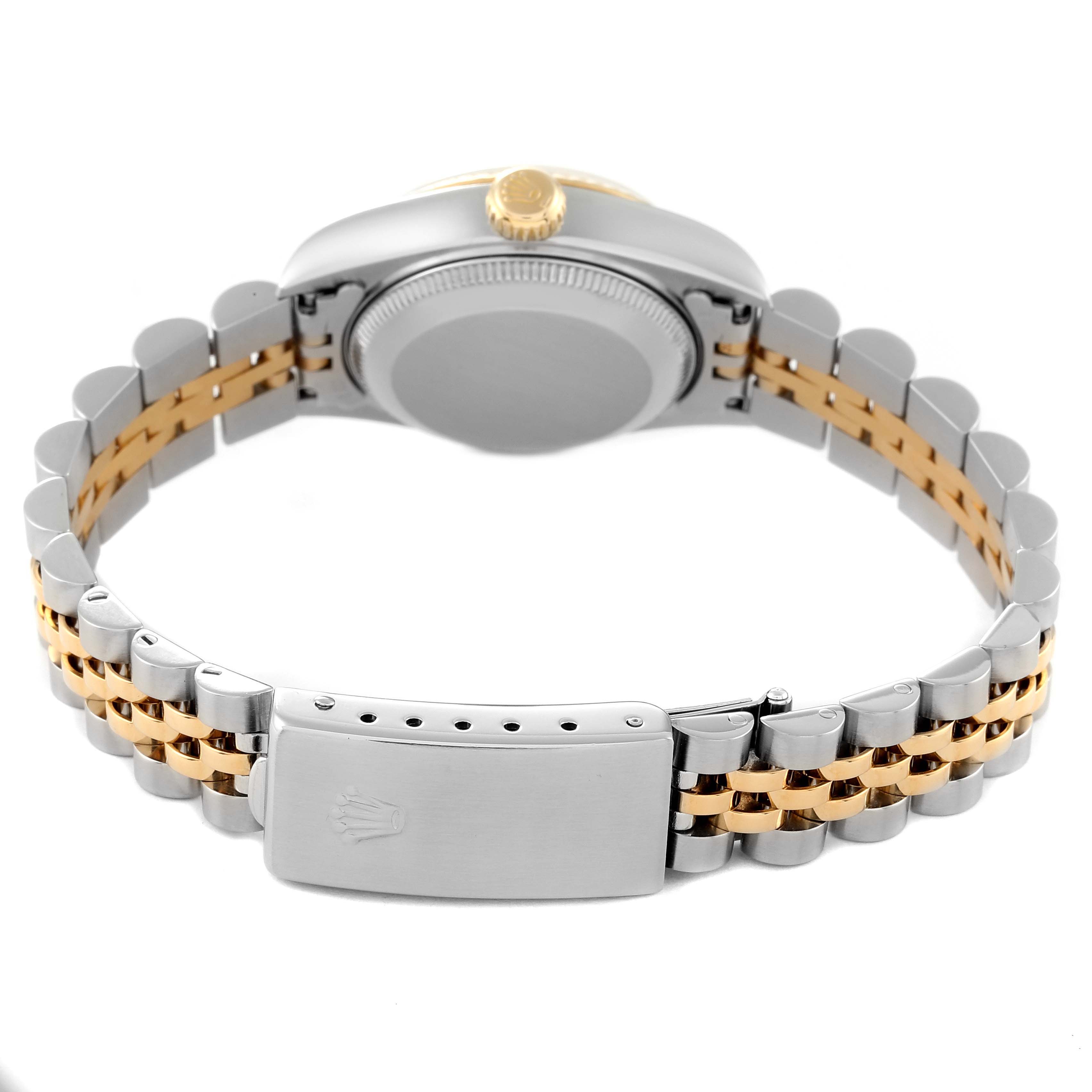 The image shows the back and bracelet of a Rolex Datejust 69173 Women's Steel and Gold (two tone) Blue Dial 69173 Women's Steel and Gold (two tone) Blue Dial watch, highlighting its clasp, crown, and two-tone metal links.