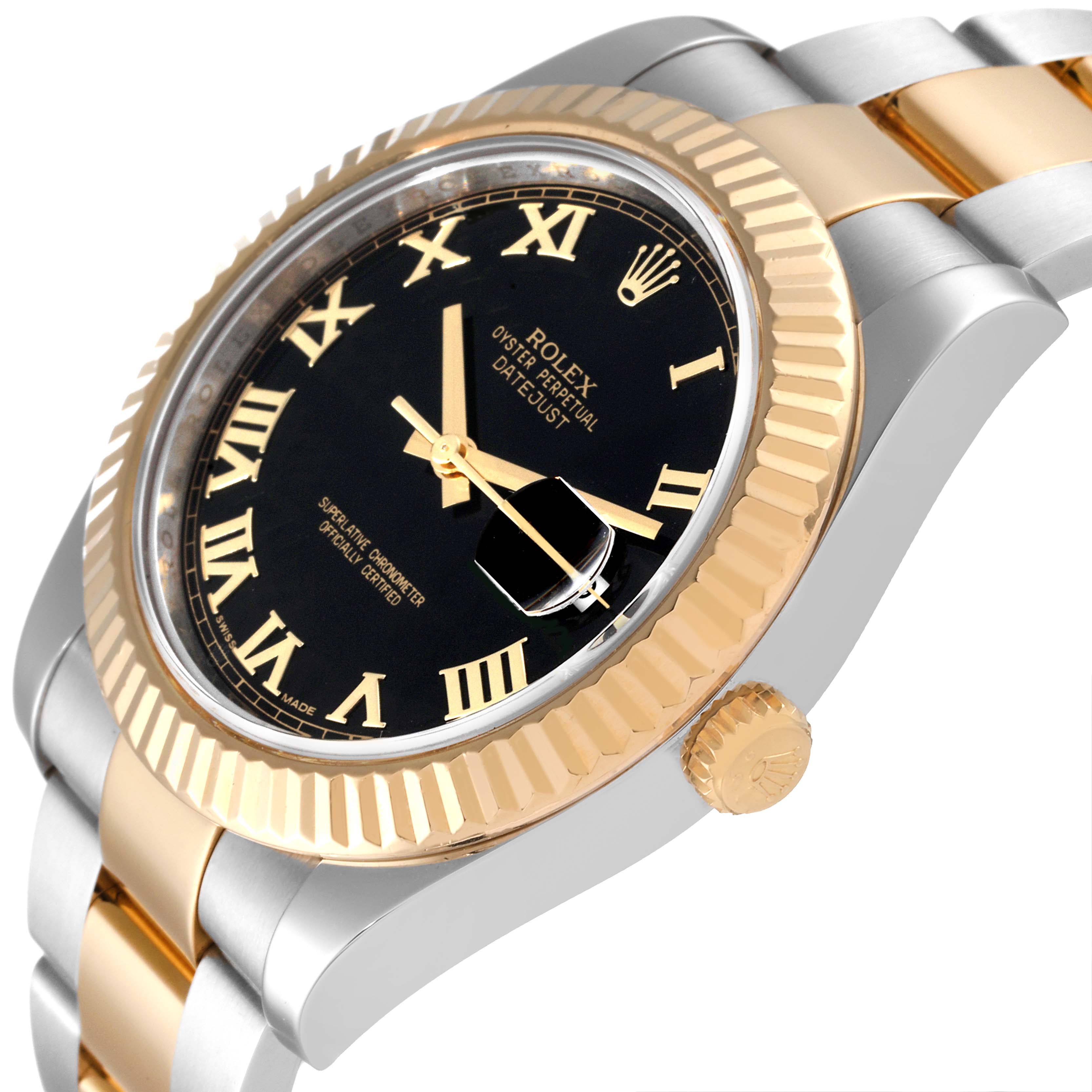 The image shows a Rolex Datejust 41 116333 Men
s Steel and Gold (two tone) Black Dial 116333 Men
s Steel and Gold (two tone) Black Dial model watch at an angle highlighting the bezel, crown, dial, and part of the bracelet.