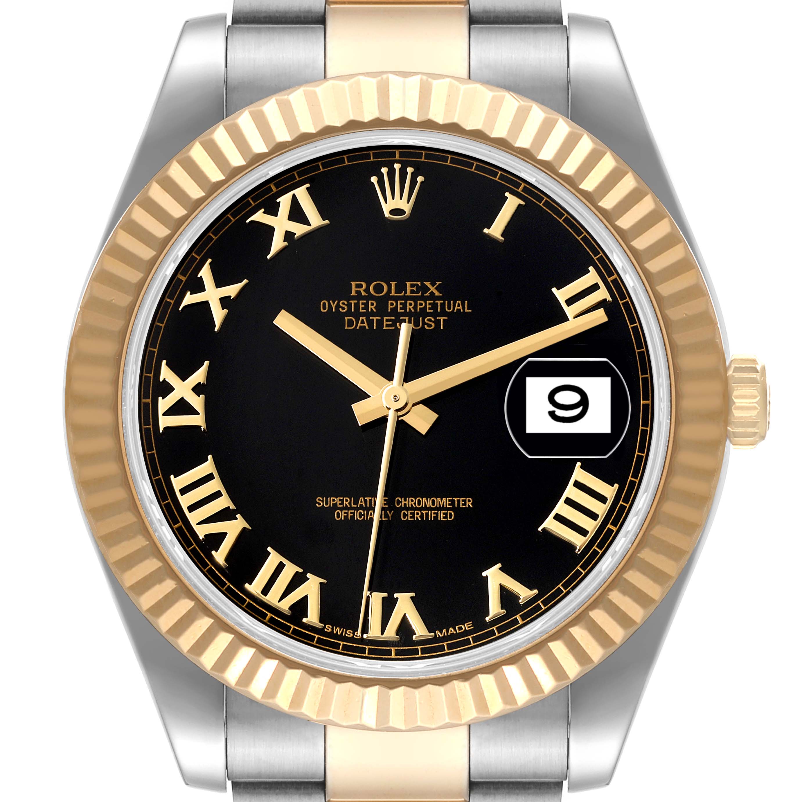 The image shows a frontal view of a Rolex Datejust 41 116333 Men
s Steel and Gold (two tone) Black Dial 116333 Men
s Steel and Gold (two tone) Black Dial watch, highlighting its black dial, Roman numerals, gold fluted bezel, and the date window.