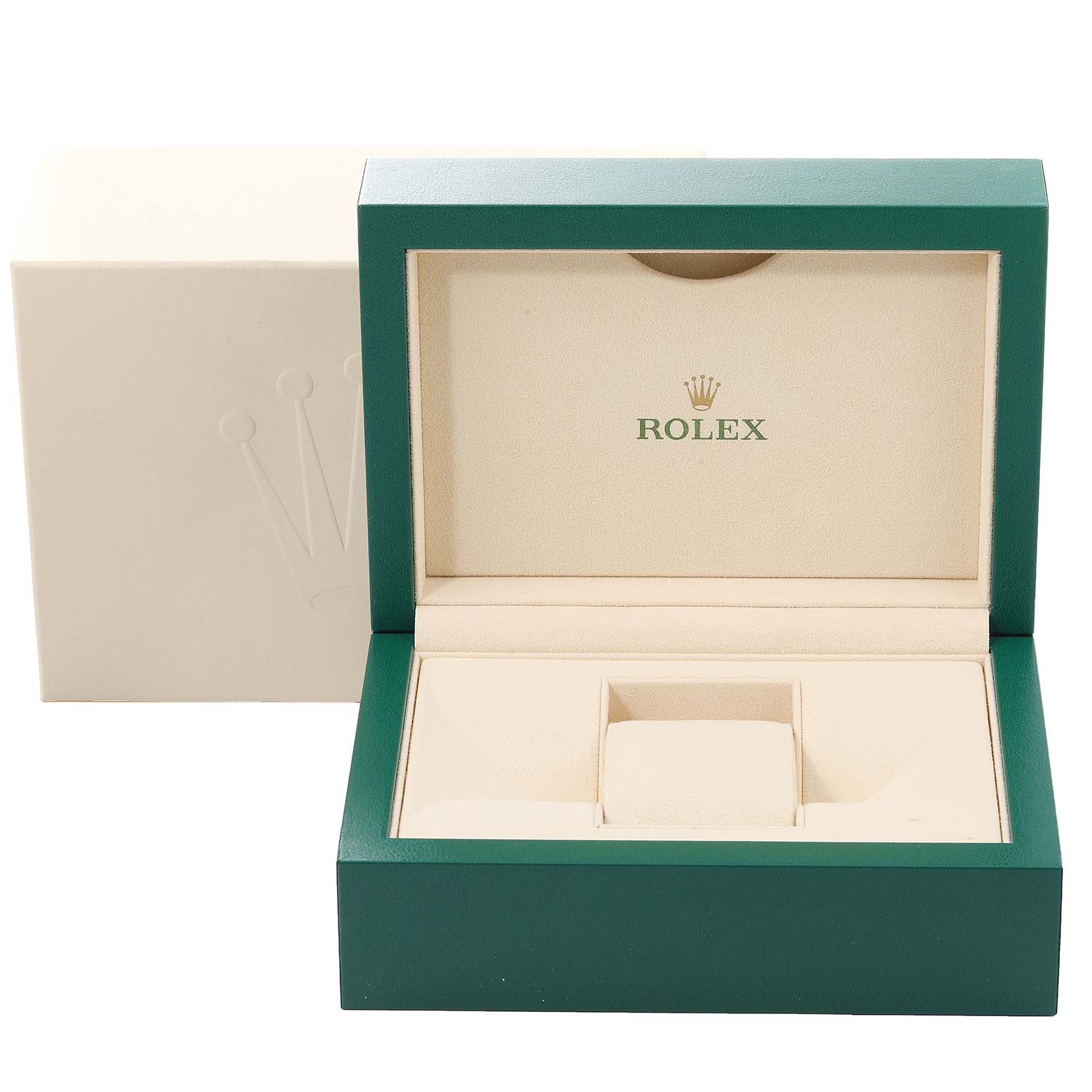 This image shows an open Rolex Datejust 41 116333 Men
s Steel and Gold (two tone) Black Dial 116333 Men
s Steel and Gold (two tone) Black Dial watch box with a green exterior and beige interior.