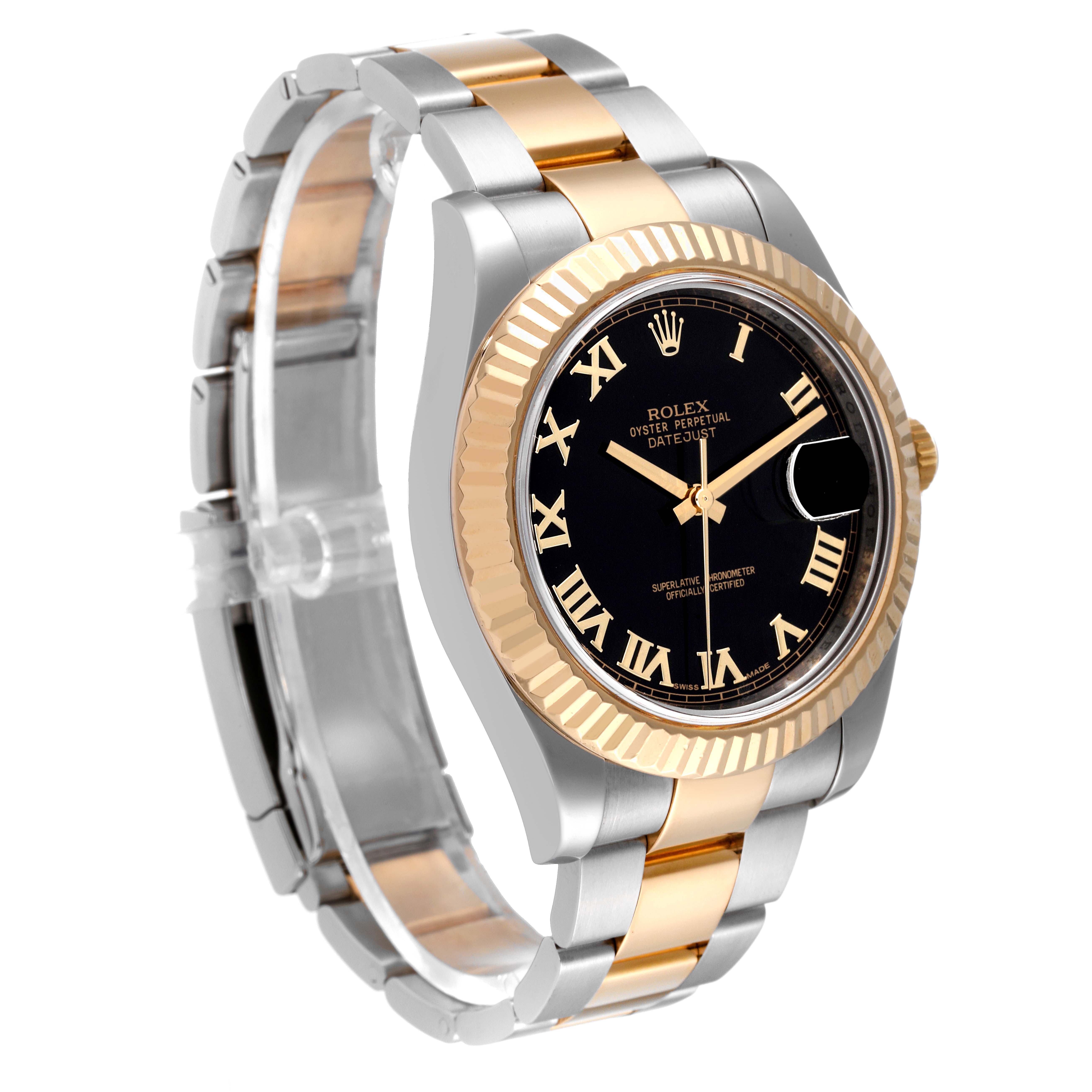The Rolex Datejust 41 116333 Men
s Steel and Gold (two tone) Black Dial 116333 Men
s Steel and Gold (two tone) Black Dial watch is shown at an angled side view, displaying its black dial, Roman numerals, and two-tone bracelet.