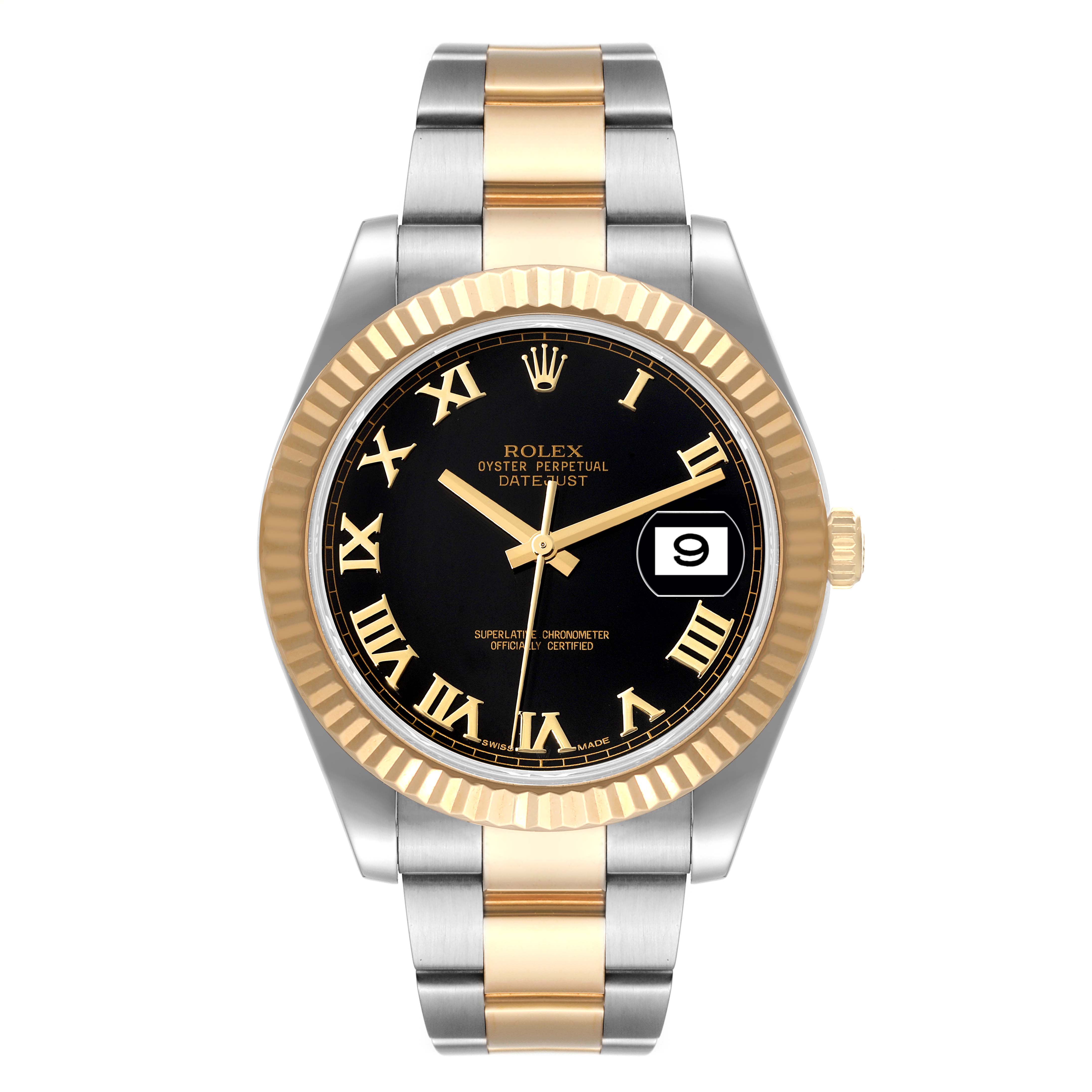 The image shows a front view of the Rolex Datejust 41 116333 Men
s Steel and Gold (two tone) Black Dial 116333 Men
s Steel and Gold (two tone) Black Dial watch, featuring a black dial, gold fluted bezel, and a bi-metal bracelet.