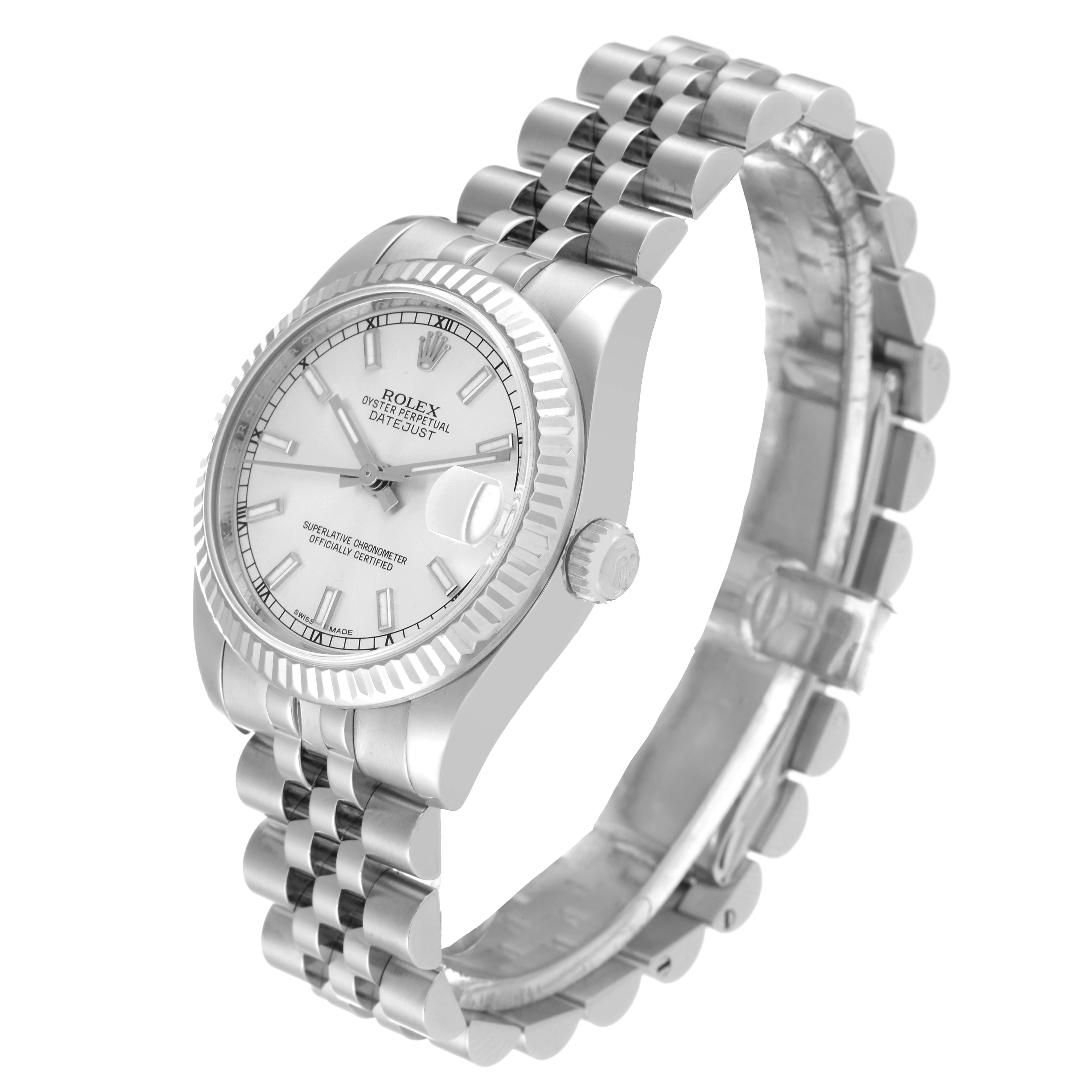 The Rolex Mid-Size 178274 Women's Stainless Steel Silver Dial 178274 Women's Stainless Steel Silver Dial watch is shown at a three-quarter angle, highlighting the dial, bezel, crown, and bracelet.