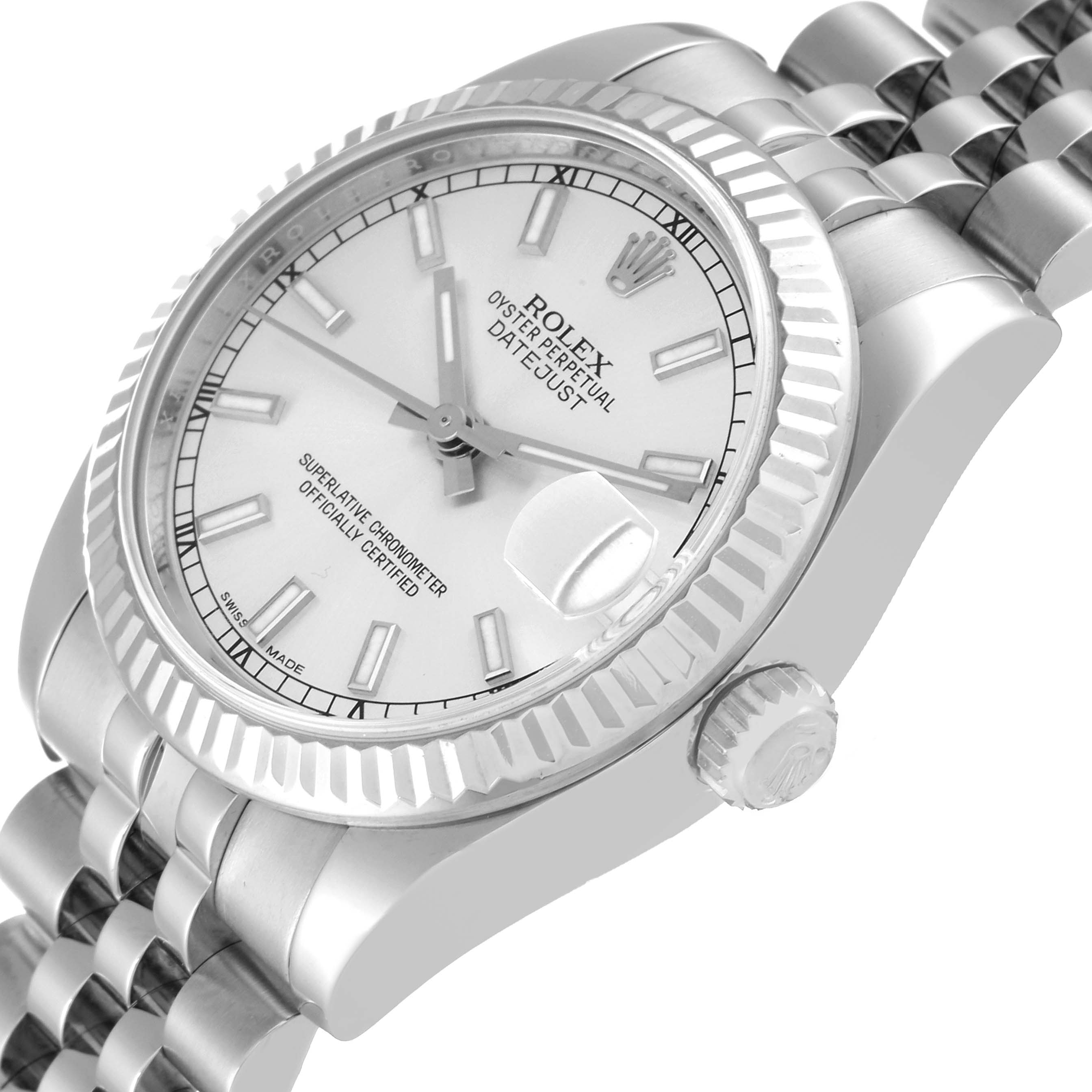 The image shows a close-up angled view of a Rolex Mid-Size 178274 Women's Stainless Steel Silver Dial 178274 Women's Stainless Steel Silver Dial Oyster Perpetual Datejust watch, highlighting the dial, crown, and part of the bracelet.