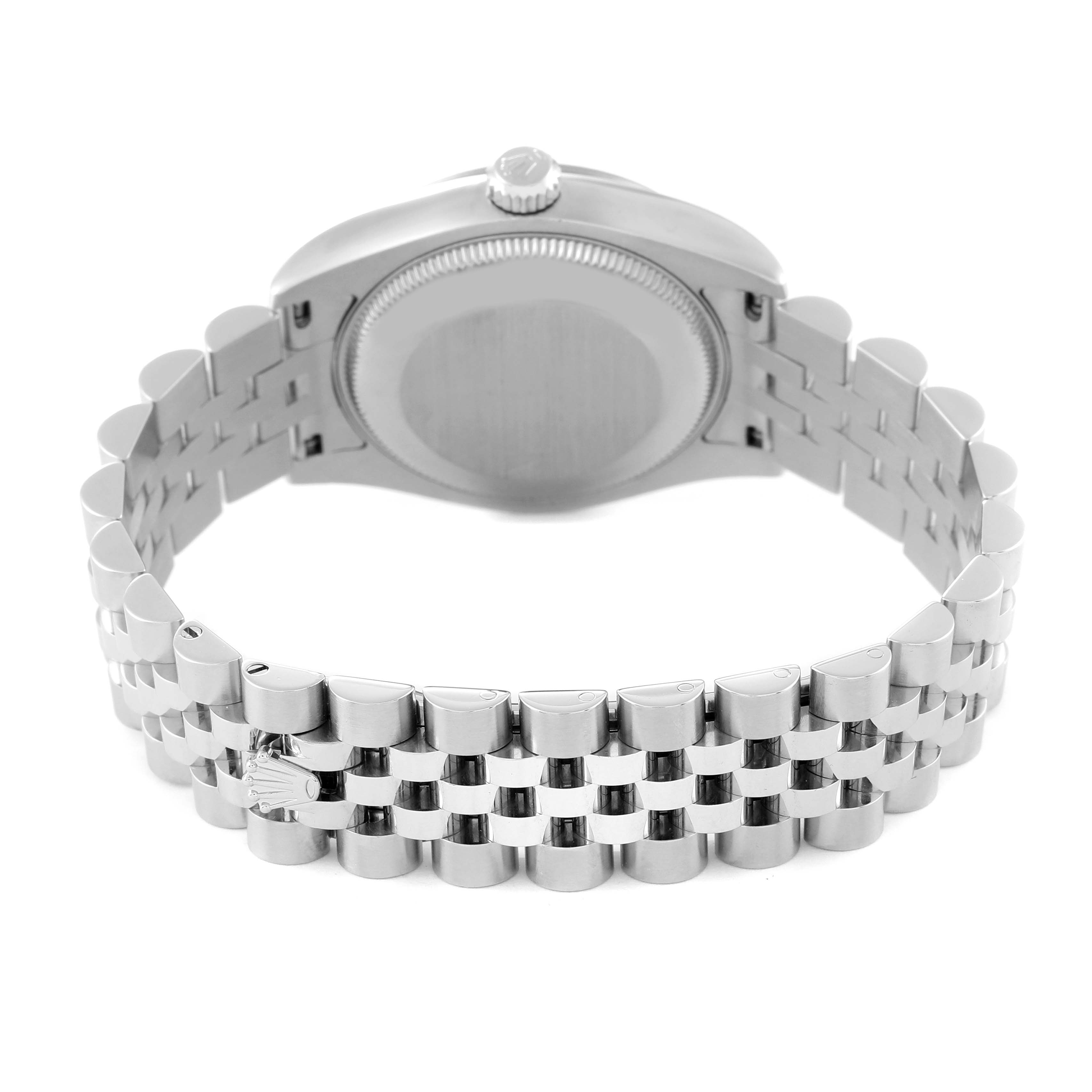 The image shows the back view of a Mid-Size Rolex watch, highlighting the case back and the bracelet.