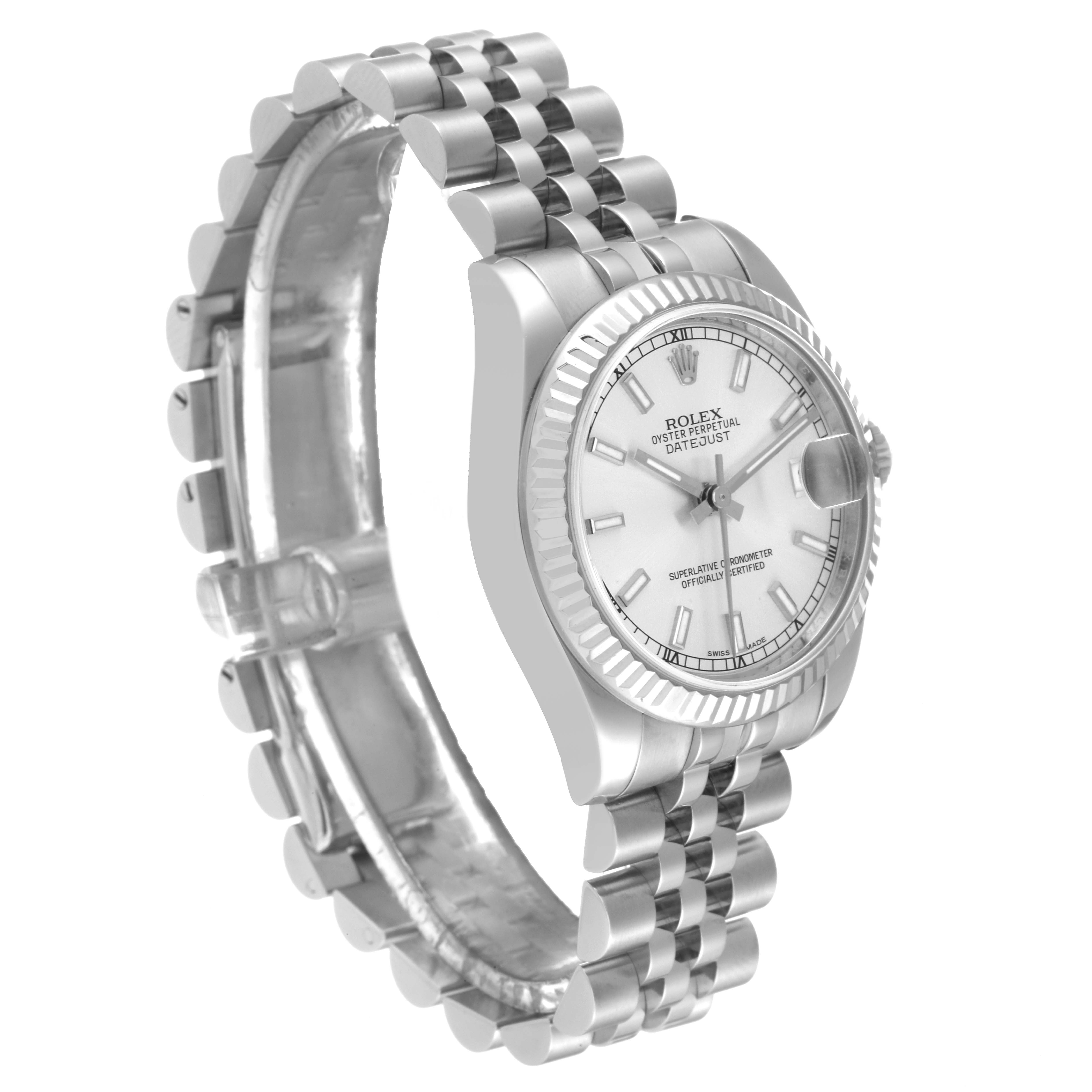 This image shows a side angle of the Rolex Mid-Size 178274 Women's Stainless Steel Silver Dial 178274 Women's Stainless Steel Silver Dial Datejust, highlighting the watch face, bezel, and metal bracelet.
