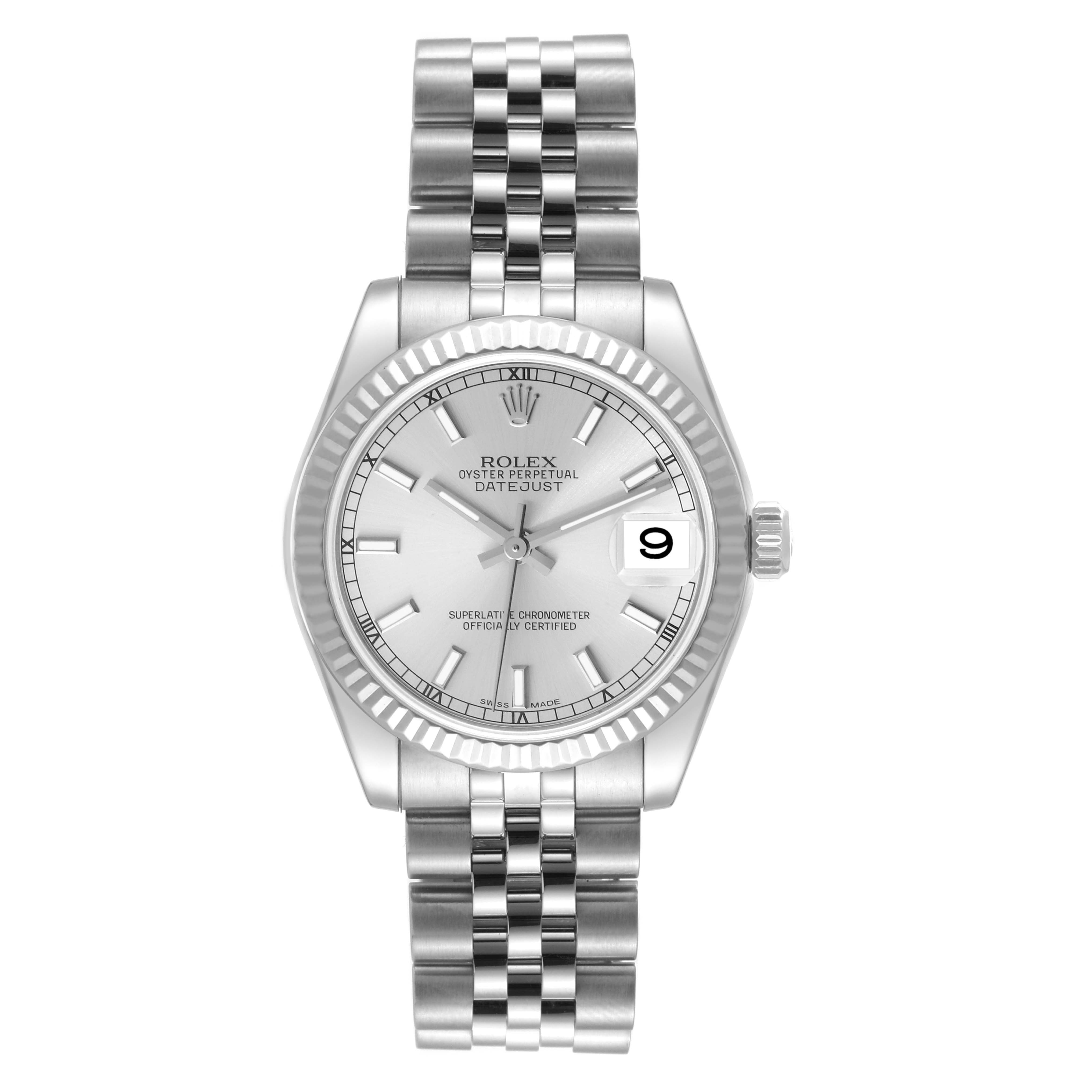 The image shows a front view of a Rolex Mid-Size 178274 Women's Stainless Steel Silver Dial 178274 Women's Stainless Steel Silver Dial Oyster Perpetual Datejust watch, displaying the dial, bracelet, and date window.