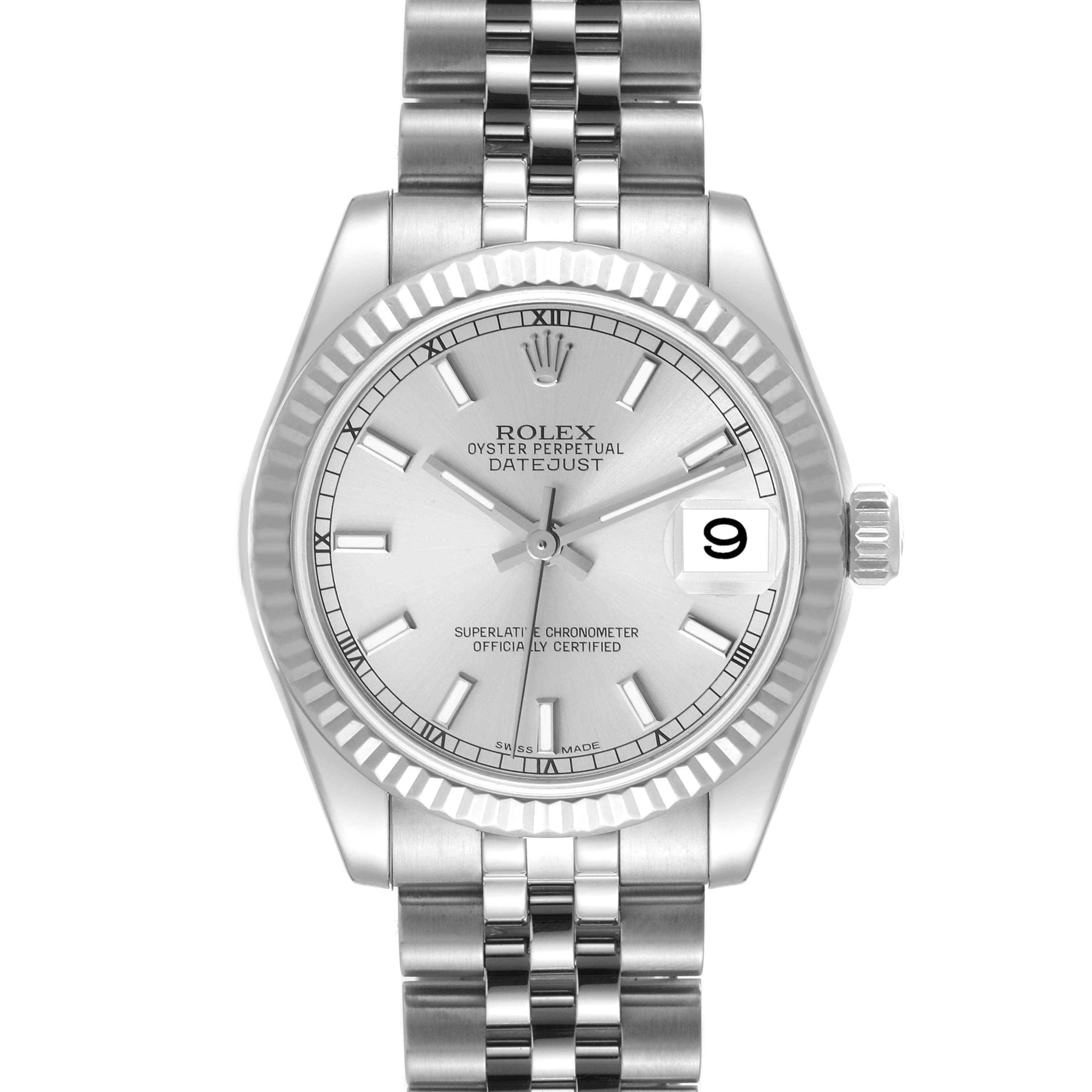 The image shows a front view of the Rolex Datejust Mid-Size watch, highlighting the dial, bezel, crown, and part of the bracelet.