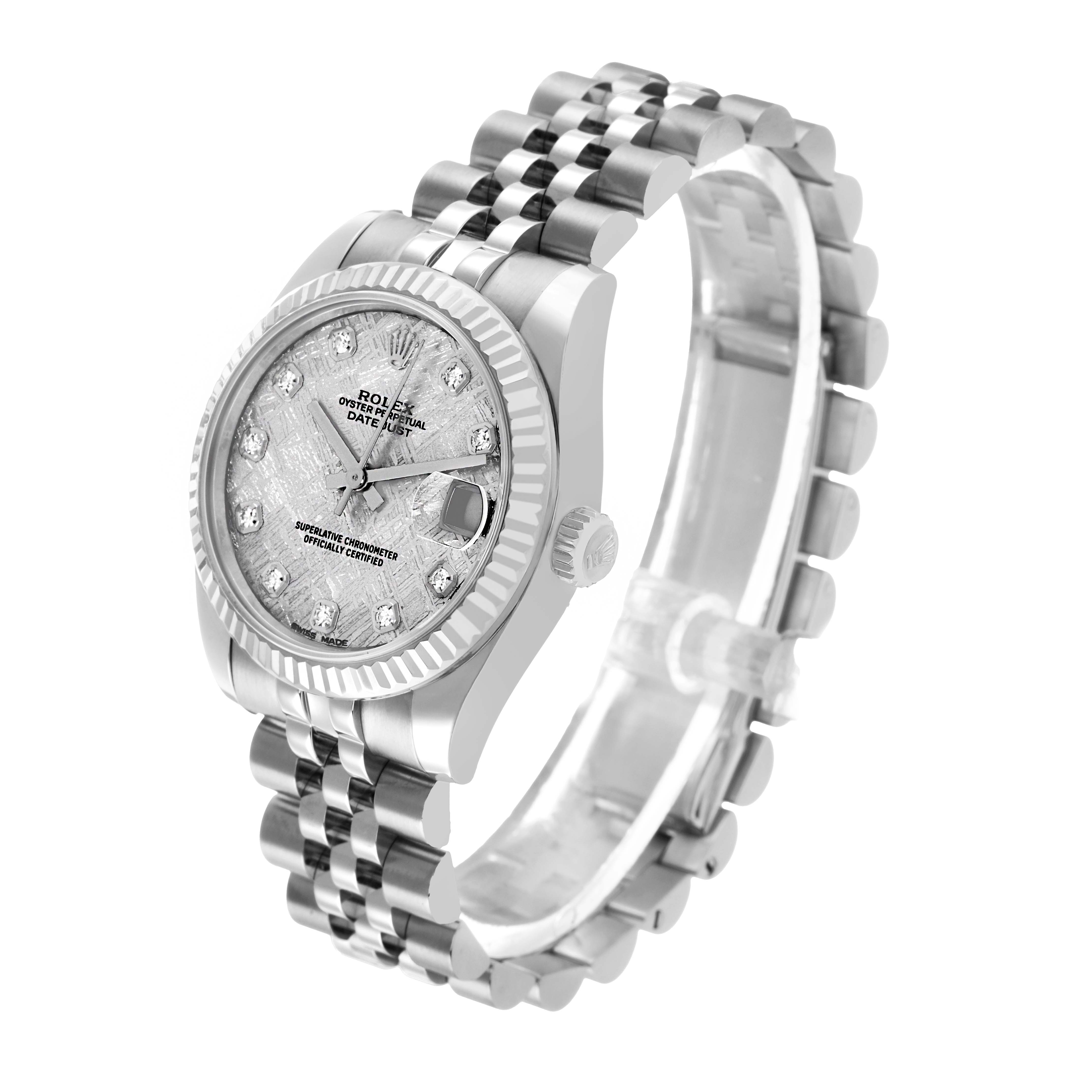 The Rolex Mid-Size 178274 Women's Stainless Steel Silver Dial watch is shown at a three-quarter angle, displaying the face, bezel, crown, and part of the bracelet.