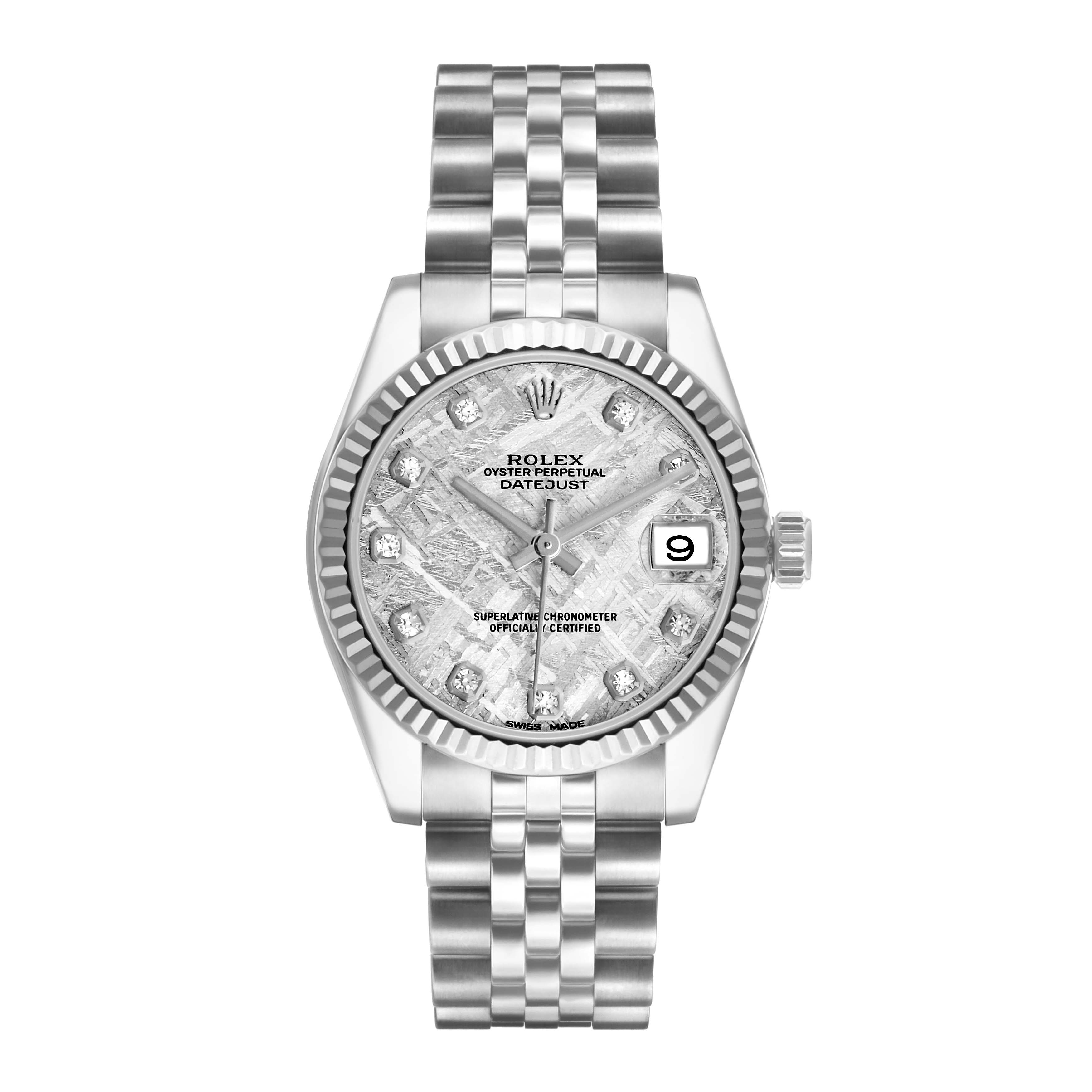 The Rolex Mid-Size 178274 Women's Stainless Steel Silver Dial Datejust is shown from a front angle, highlighting its meteorite dial, bezel, and Jubilee bracelet.