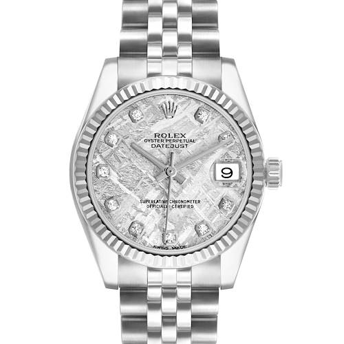 The Rolex Mid-Size 178274 Women's Stainless Steel Silver Dial watch is shown from the front, displaying the bracelet, case, dial, and date feature.